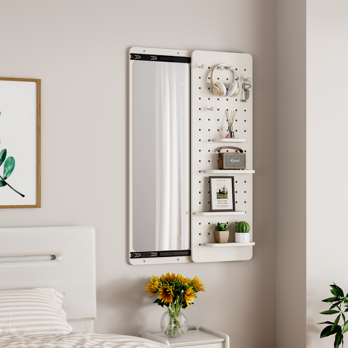 White Wall-Mounted Full-Length Mirror, 47.6 x 15.7 Inch Sliding Space-Saving Mirror with Multi-Functional Panel for Bedroom, Living Room & Entryway