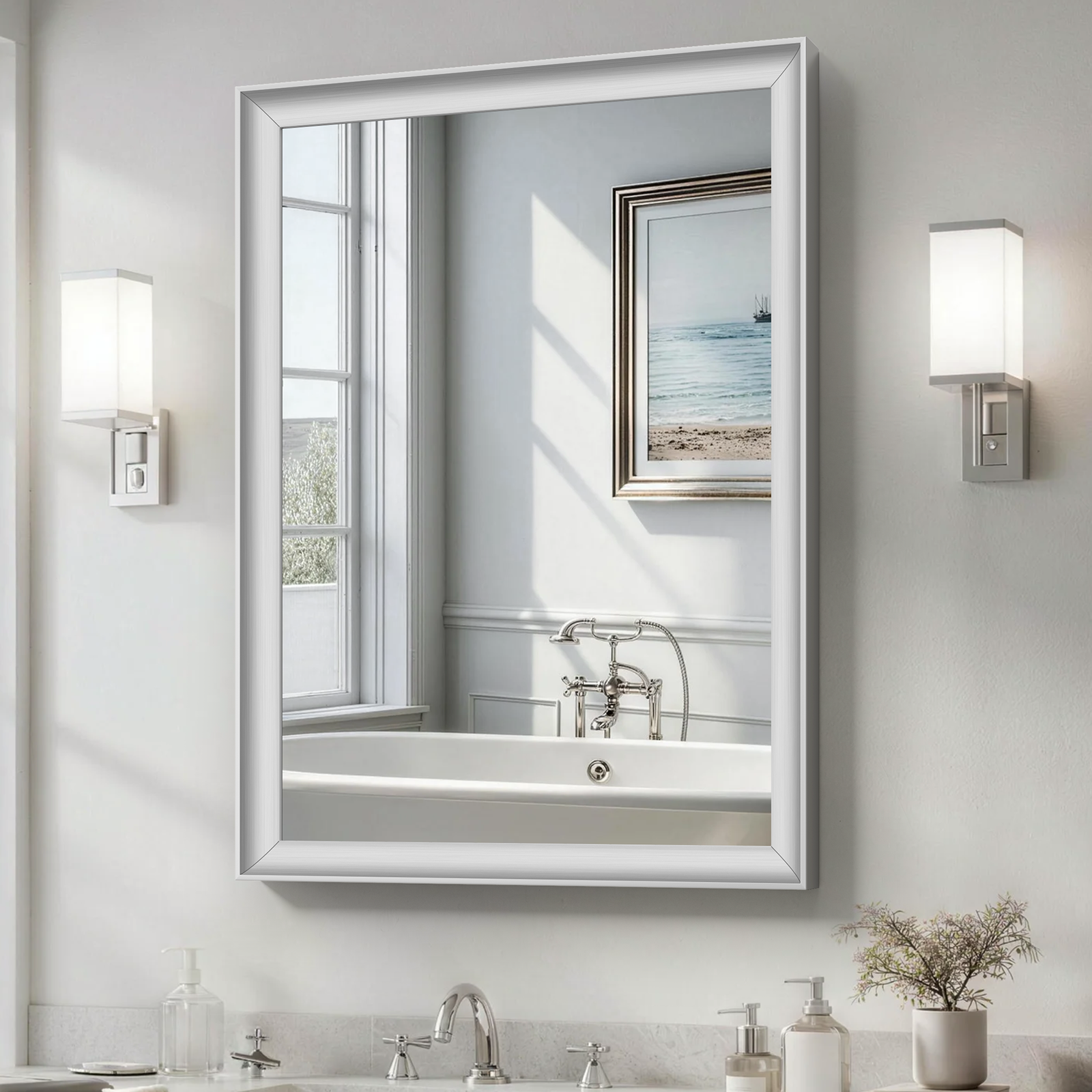 USHOWER Curva Mirror, Rectangular Silver Metal Framed Mirror, 22'' x 30''
