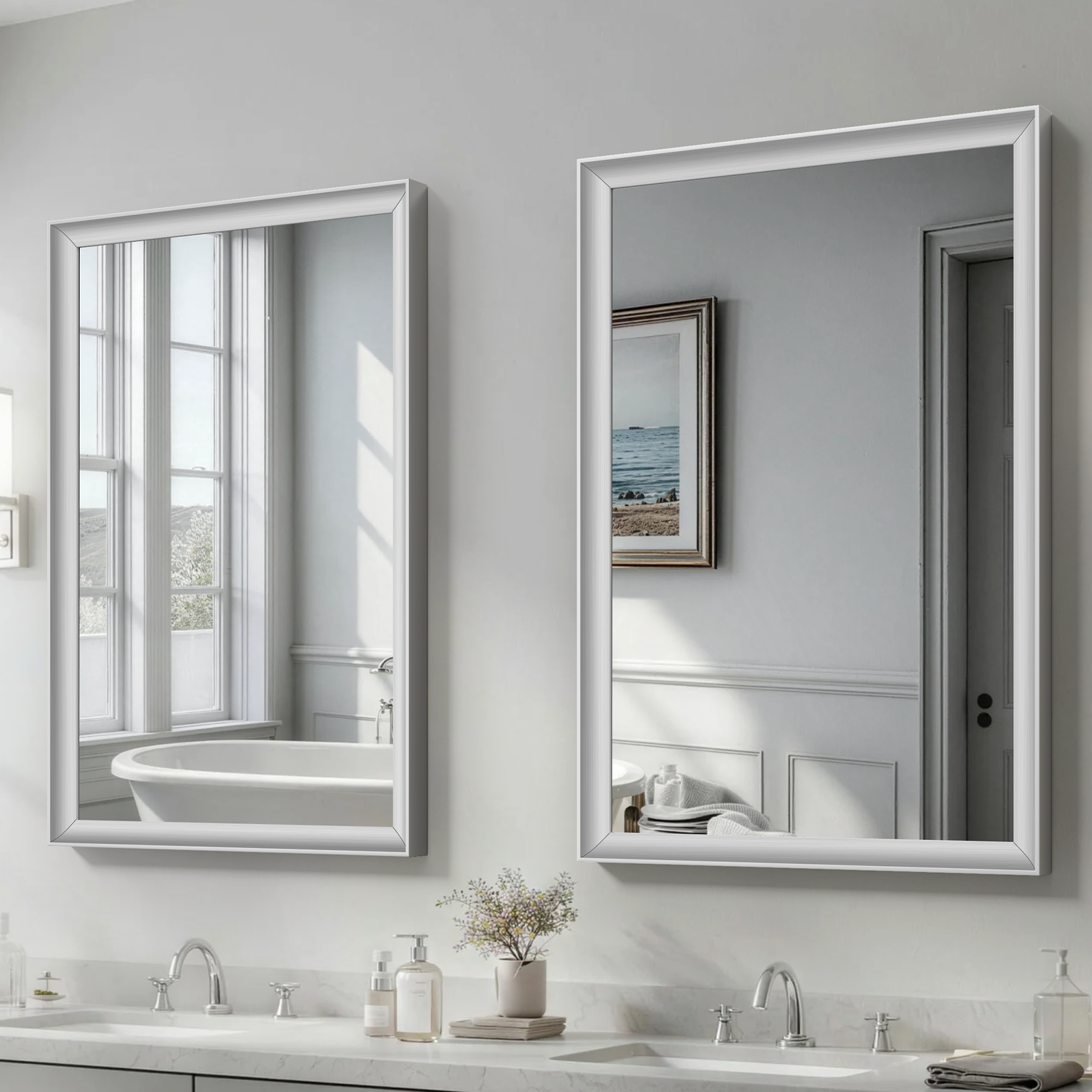 USHOWER Curva Mirror, 2-Pack Rectangular Silver Metal Framed Mirror, 24'' x 36''