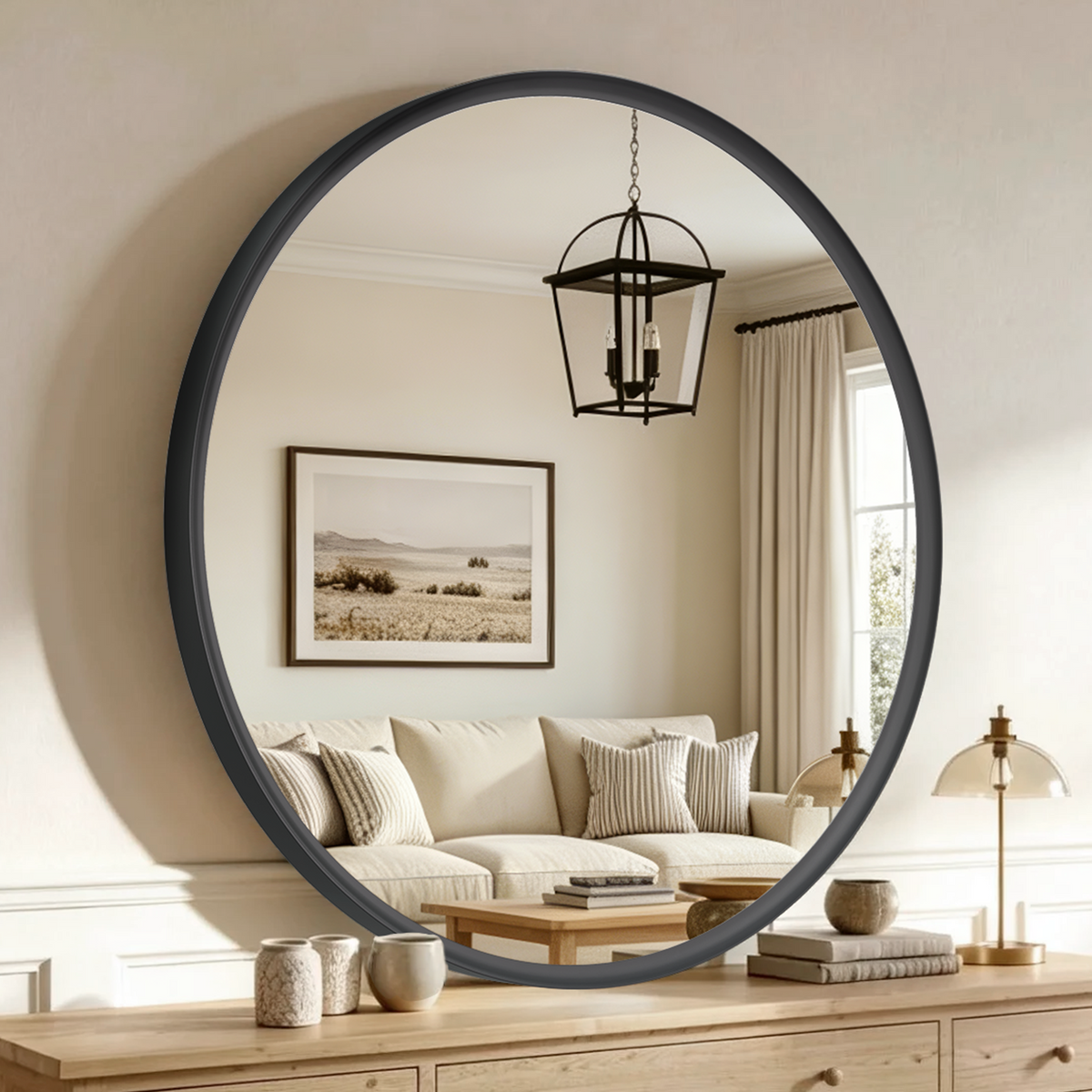USHOWER Curva Round Bathroom Mirror 30 Inch, Black Circle Mirror Over Sink Vanity