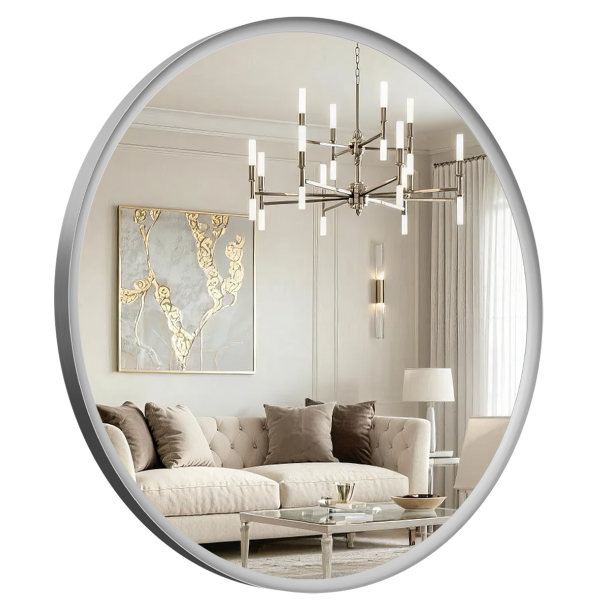 USHOWER Curva Round Bathroom Mirror 30 Inch, Brushed Nickel Circle Mirror Over Sink Vanity
