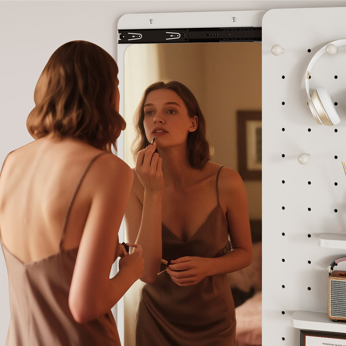 White Wall-Mounted Full-Length Mirror, 47.6 x 15.7 Inch Sliding Space-Saving Mirror with Multi-Functional Panel for Bedroom, Living Room & Entryway