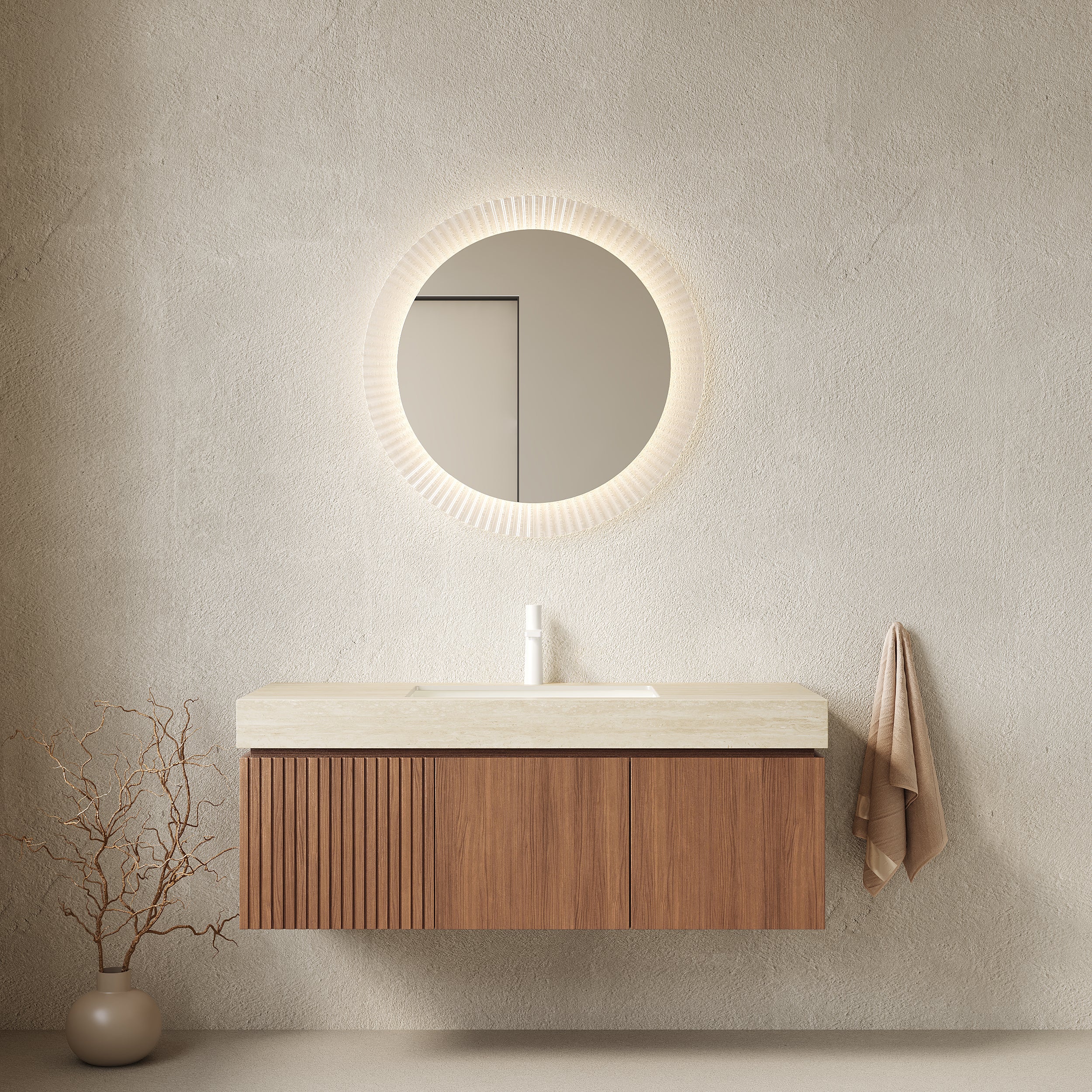MURI 48" Wall-Mounted Bathroom Vanity with Travertine-Pattern Sintered Stone Top & Ceramic Sink, Floating Cabinet with Drawer and Door, Brown Oak Woodgrain, Pre-Assembled