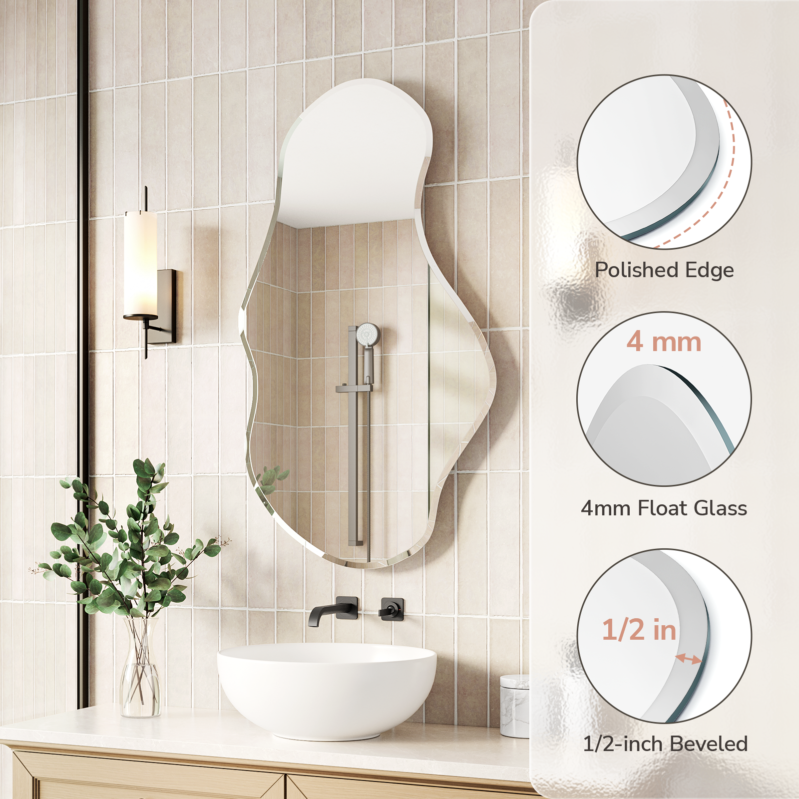 irregular mirror with polished edge 4mm float glass and beveled design