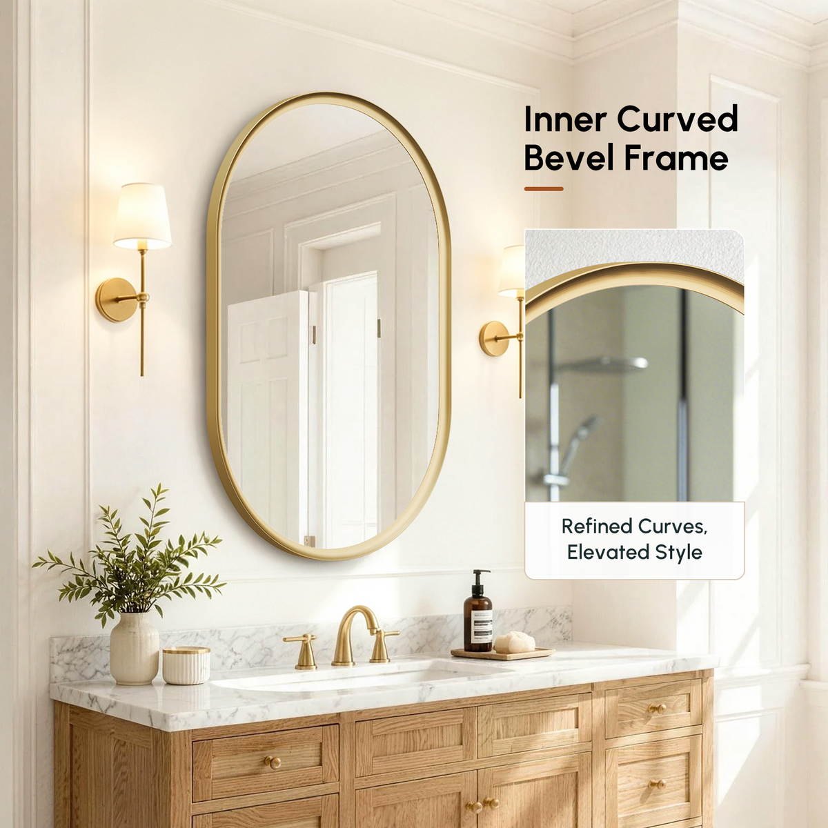 USHOWER Curva Brushed Gold Oval Mirror 24x36 Inch, Oval Bathroom Mirror