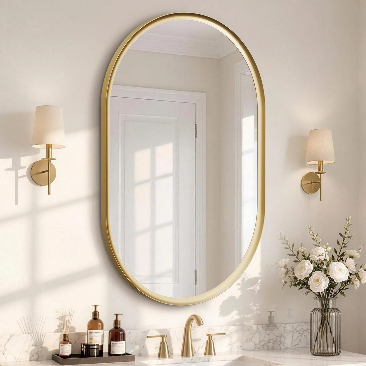 USHOWER Curva Brushed Gold Oval Mirror 24x36 Inch, Oval Bathroom Mirror