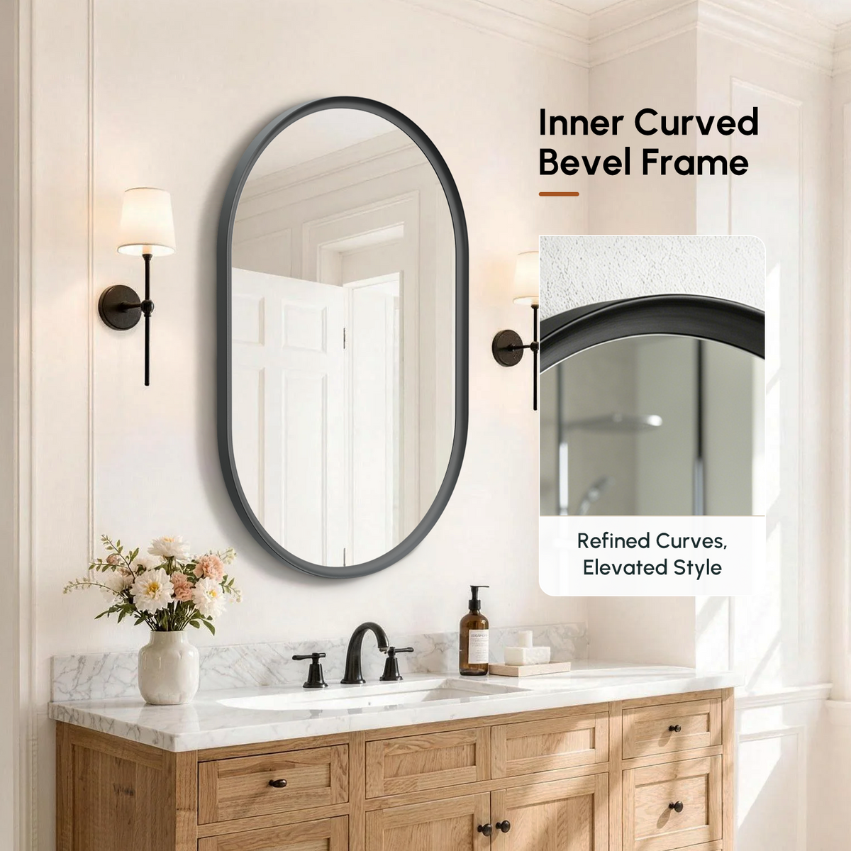 USHOWER Curva Black Oval Mirror 24x36 Inch, Oval Bathroom Mirror