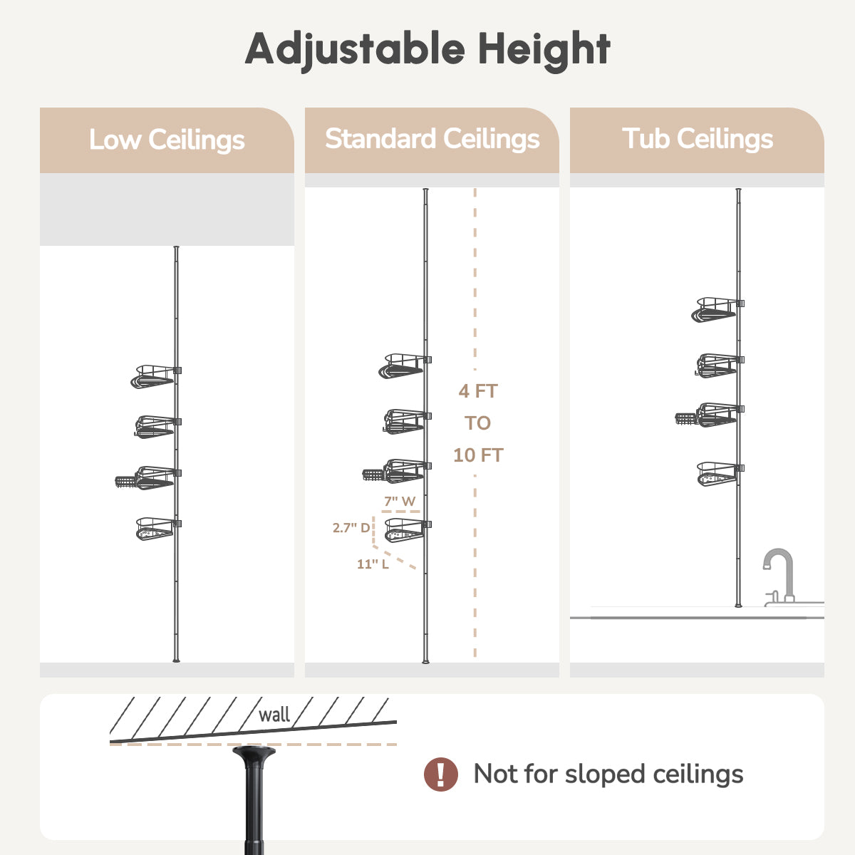 USHOWER Stokado Corner Tension Pole Shower Caddy Adjusts from 4ft to 10ft to Fit Low, Standard, and Over-Tub Ceilings