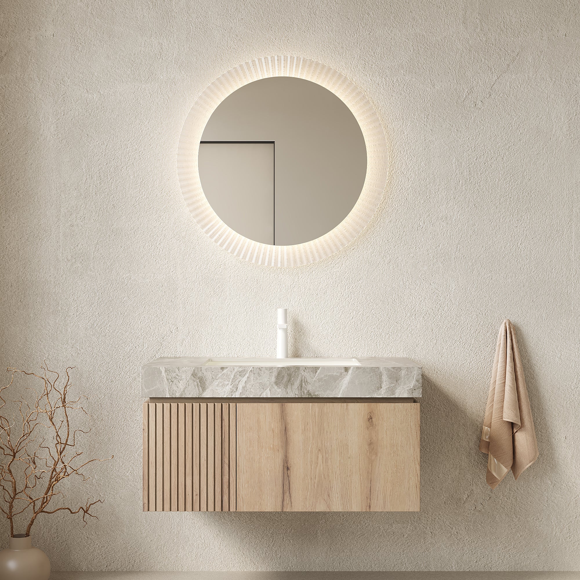 MURI 36" Wall-Mounted Bathroom Vanity with Light Gray Sintered Stone Top & Ceramic Sink, Floating Cabinet with Drawer and Door, Natural Oak Woodgrain, Pre-Assembled
