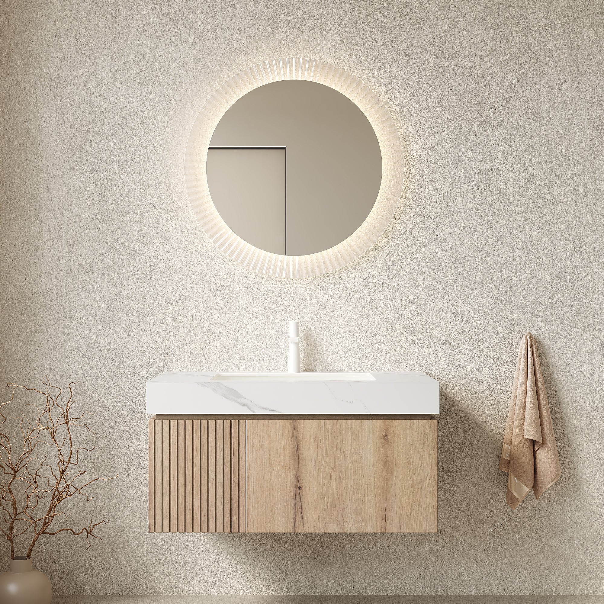 MURI 36" Wall-Mounted Bathroom Vanity with White Sintered Stone Top & Ceramic Sink, Floating Cabinet with Drawer and Door, Natural Oak Woodgrain, Pre-Assembled