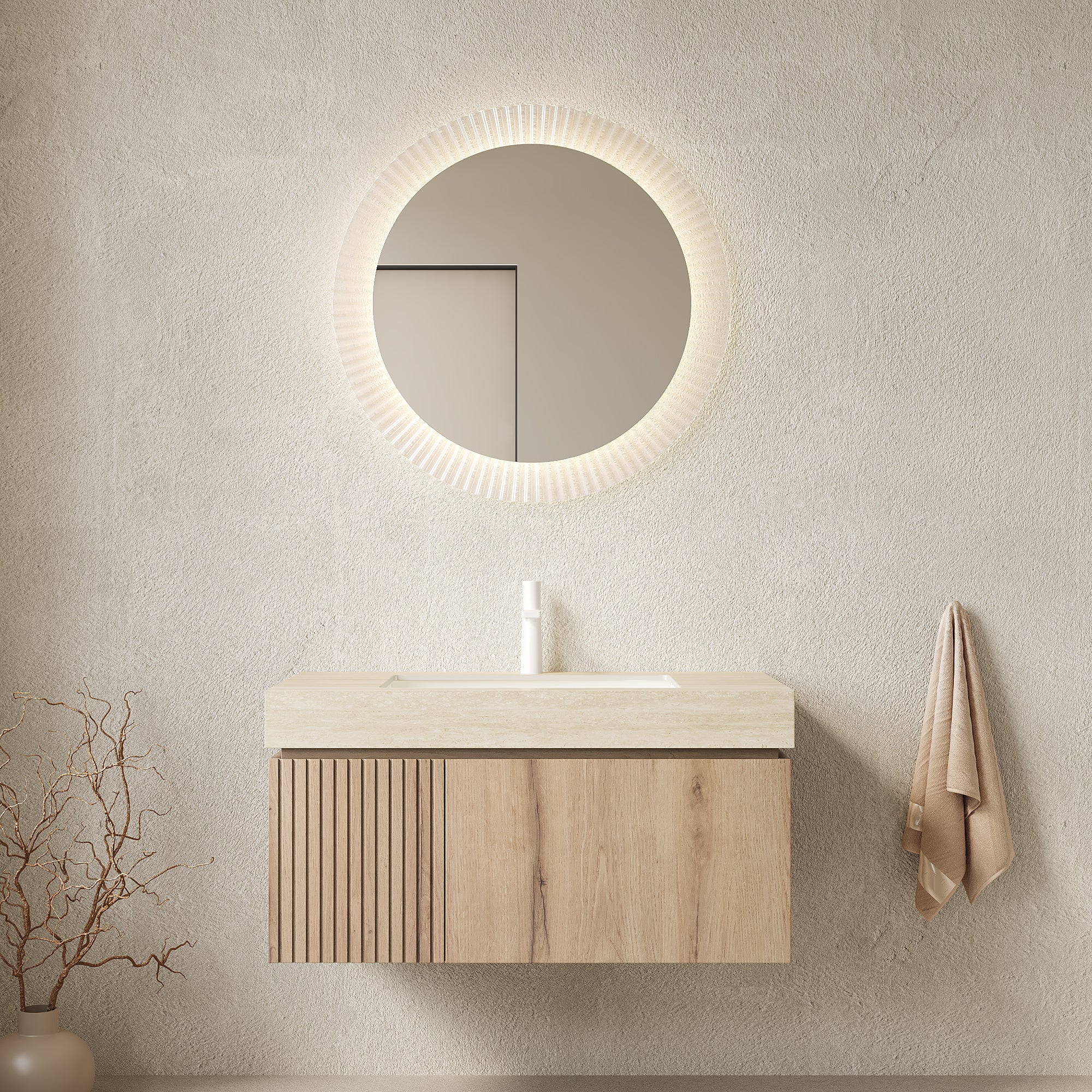 MURI 36" Wall-Mounted Bathroom Vanity with Travertine-Pattern Sintered Stone Top & Ceramic Sink, Floating Cabinet with Drawer and Door, Natural Oak Woodgrain, Pre-Assembled