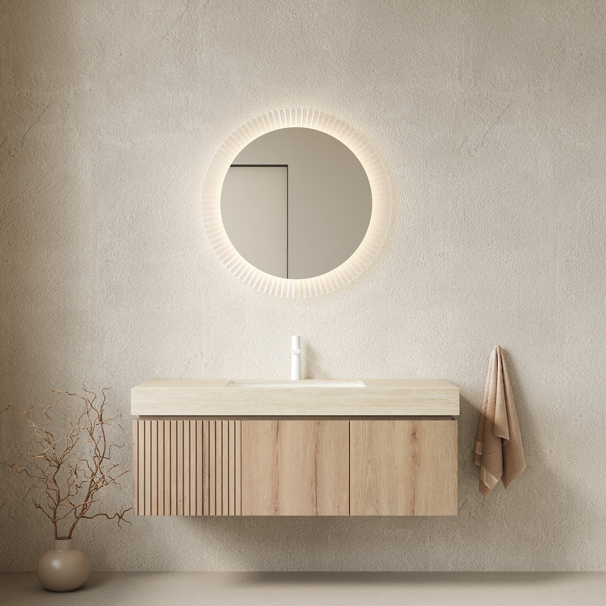 MURI 48" Wall-Mounted Bathroom Vanity with Travertine-Pattern Sintered Stone Top & Ceramic Sink, Floating Cabinet with Drawer and Door, Natural Oak Woodgrain, Pre-Assembled