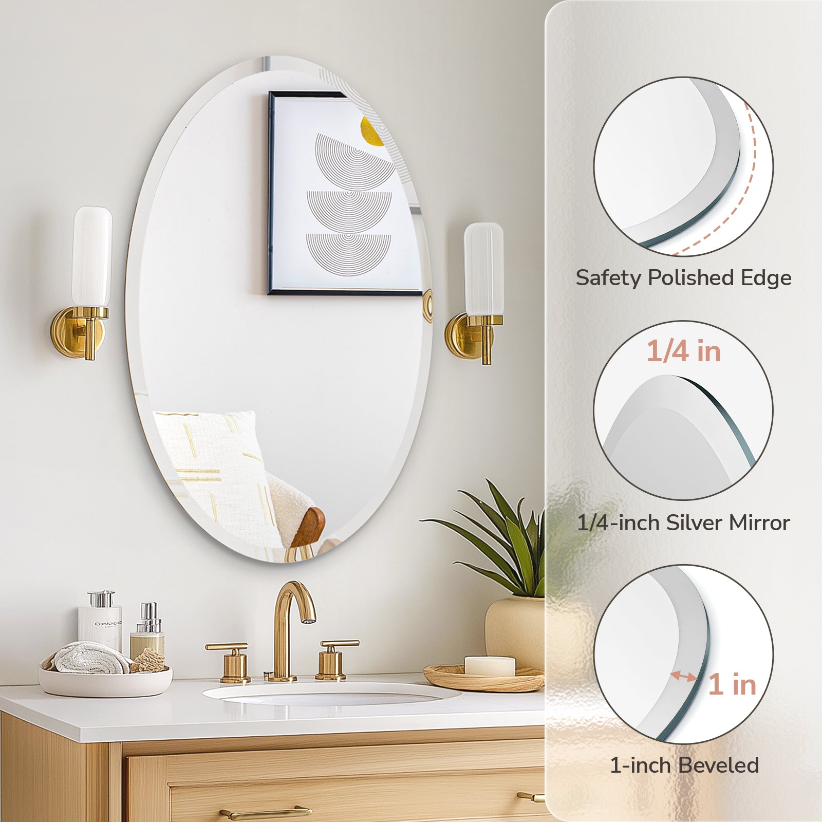 USHOWER Kadra Series – 24'' x 36'' Frameless Oval Bathroom Mirror