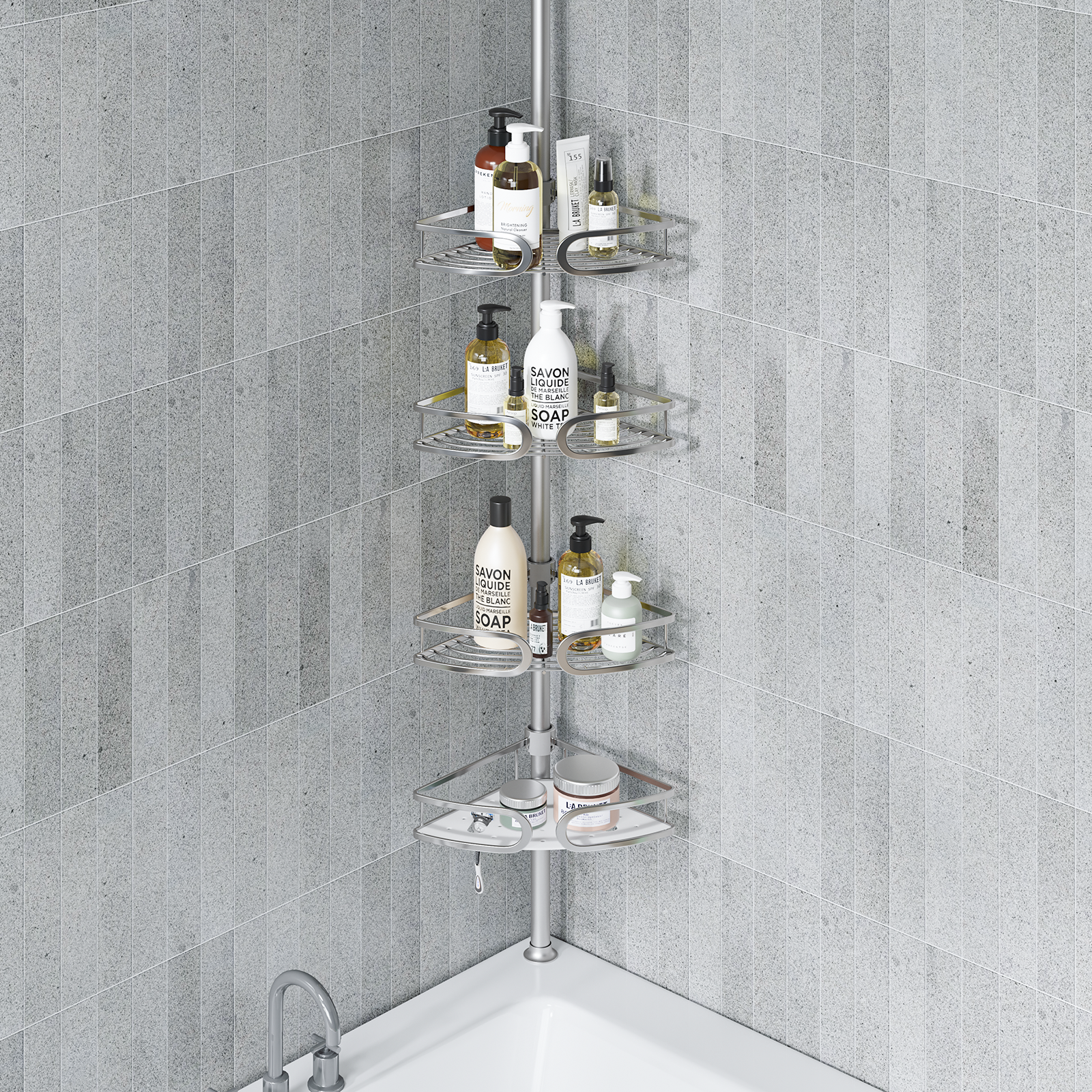 USHOWER Stokado Corner Shower Caddy Tension Pole Matte Silver in Bathtub Corner Holding Shampoo, Soap, and Toiletries
