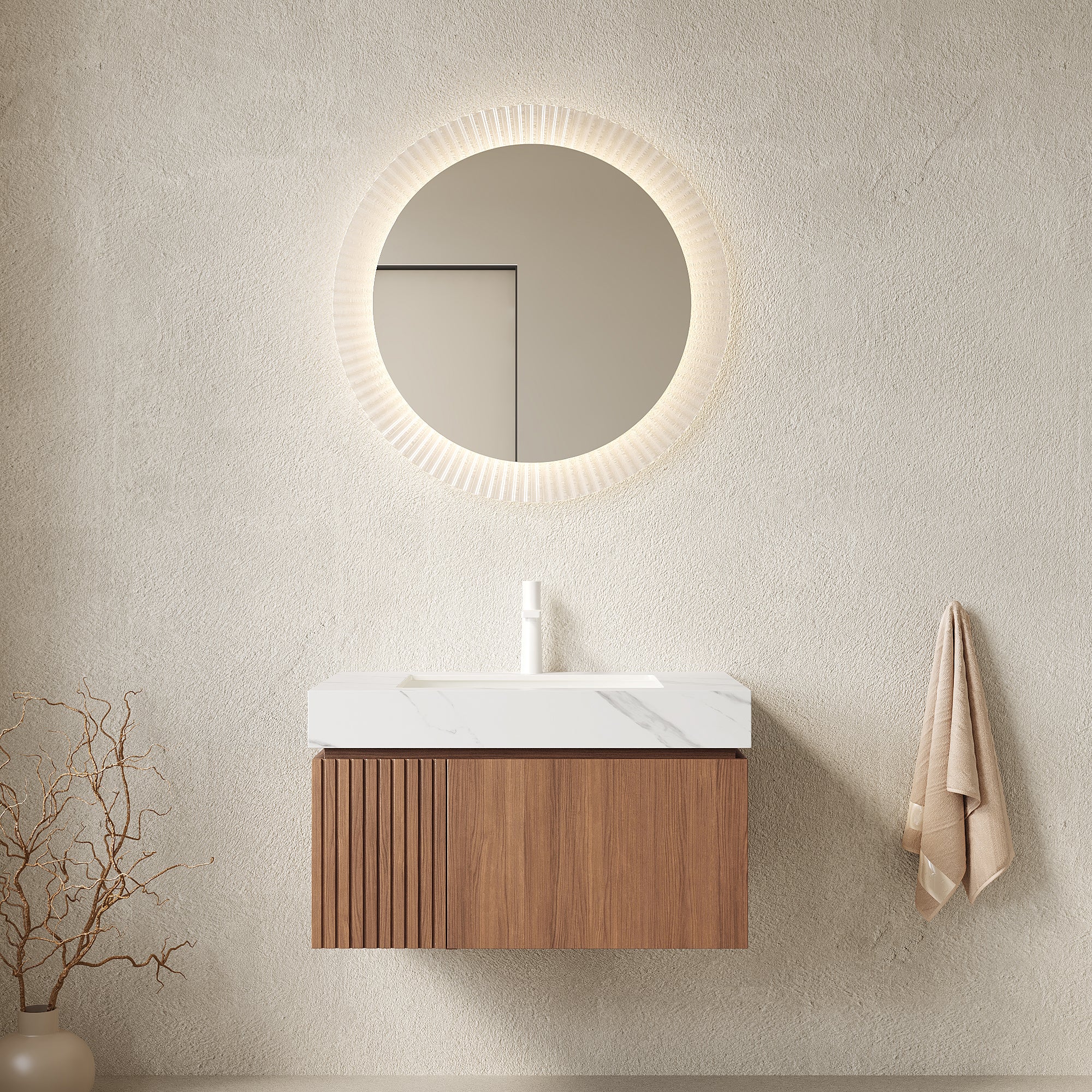 MURI 30" Wall-Mounted Bathroom Vanity with White Sintered Stone Top & Ceramic Sink, Floating Cabinet with Drawer and Door, Brown Oak Woodgrain, Pre-Assembled