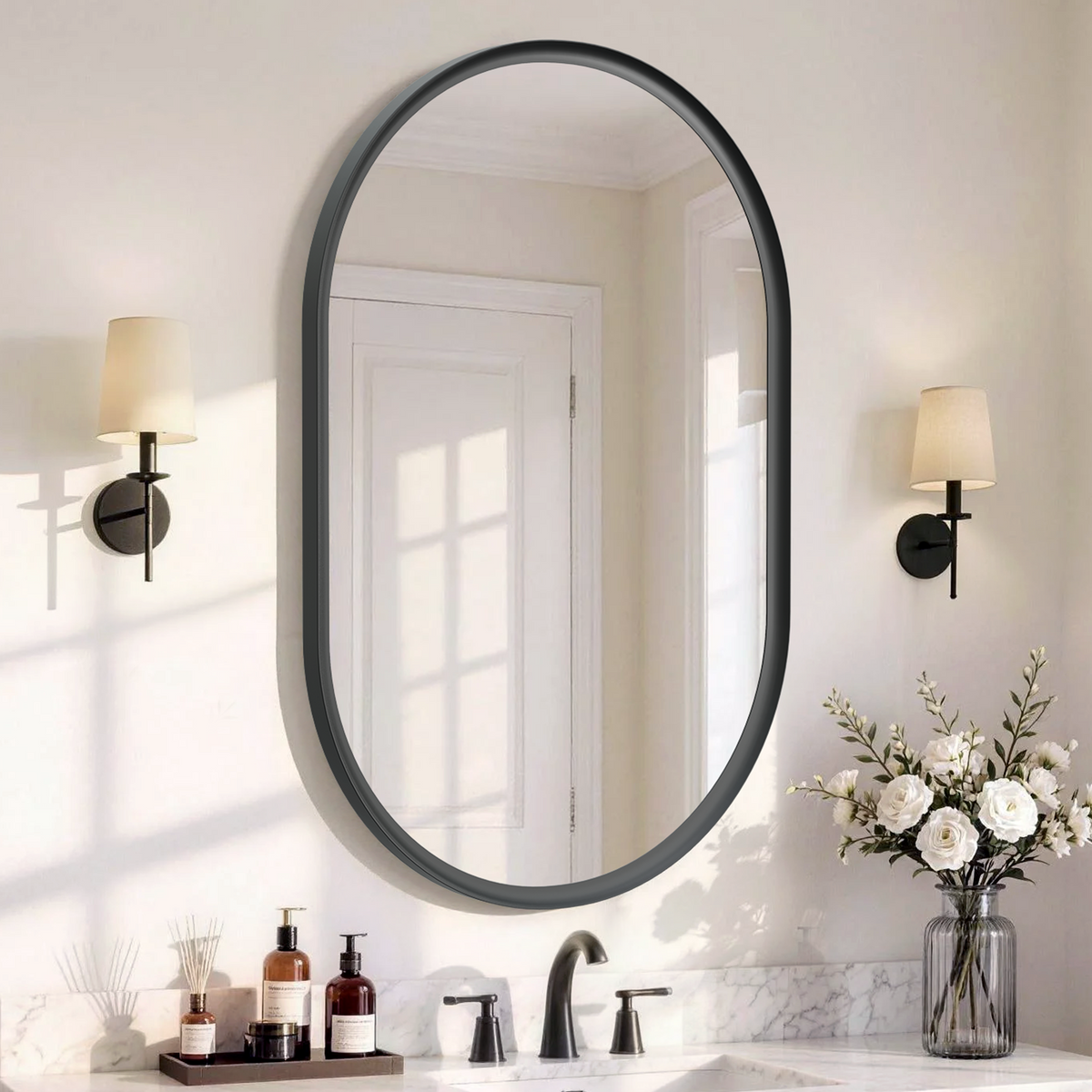 USHOWER Curva Black Oval Mirror 24x36 Inch, Oval Bathroom Mirror