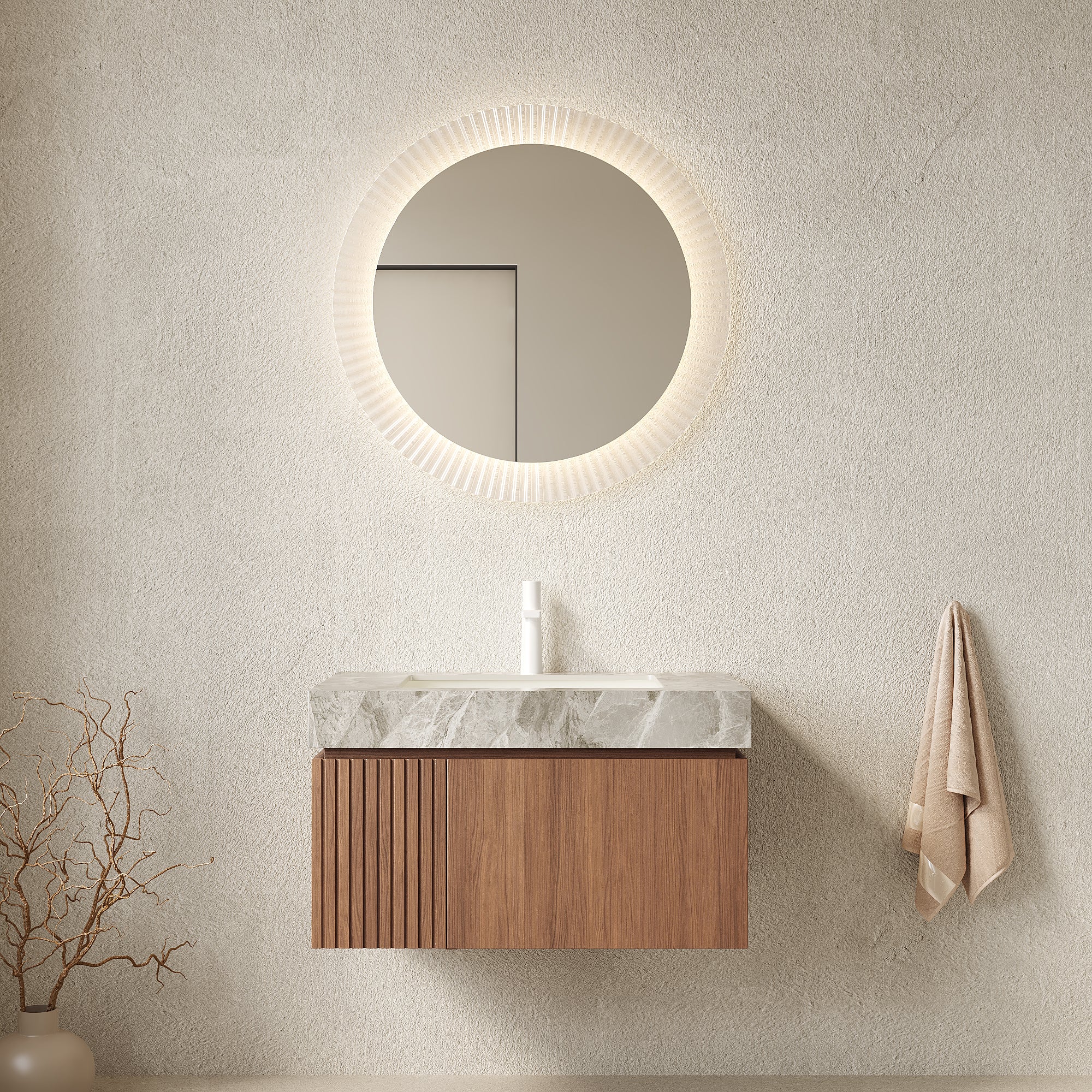 MURI 30" Wall-Mounted Bathroom Vanity with Light Gray Sintered Stone Top & Ceramic Sink, Floating Cabinet with Drawer and Door, Brown Oak Woodgrain, Pre-Assembled
