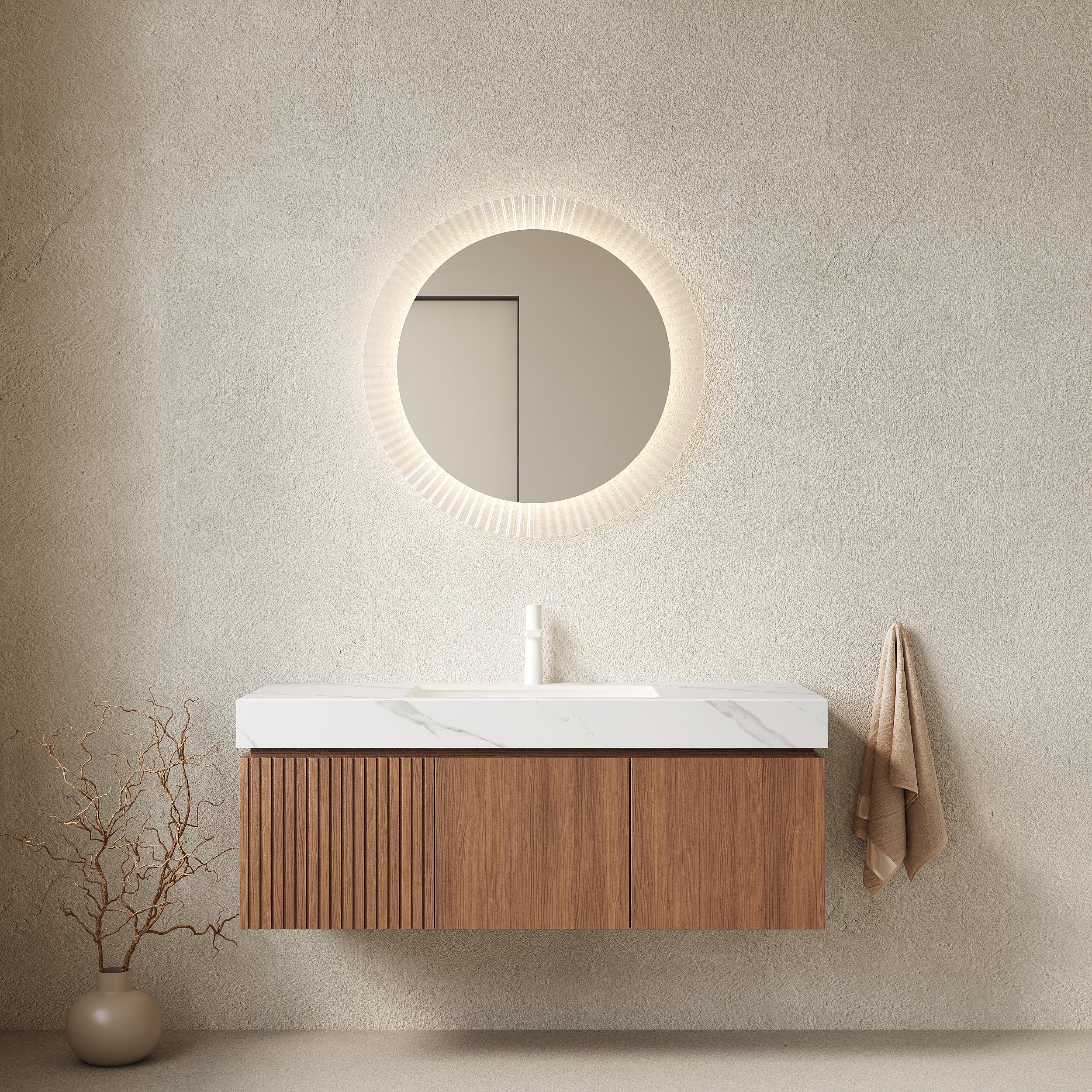 MURI 48" Wall-Mounted Bathroom Vanity with White Sintered Stone Top & Ceramic Sink, Floating Cabinet with Drawer and Door, Brown Oak Woodgrain, Pre-Assembled