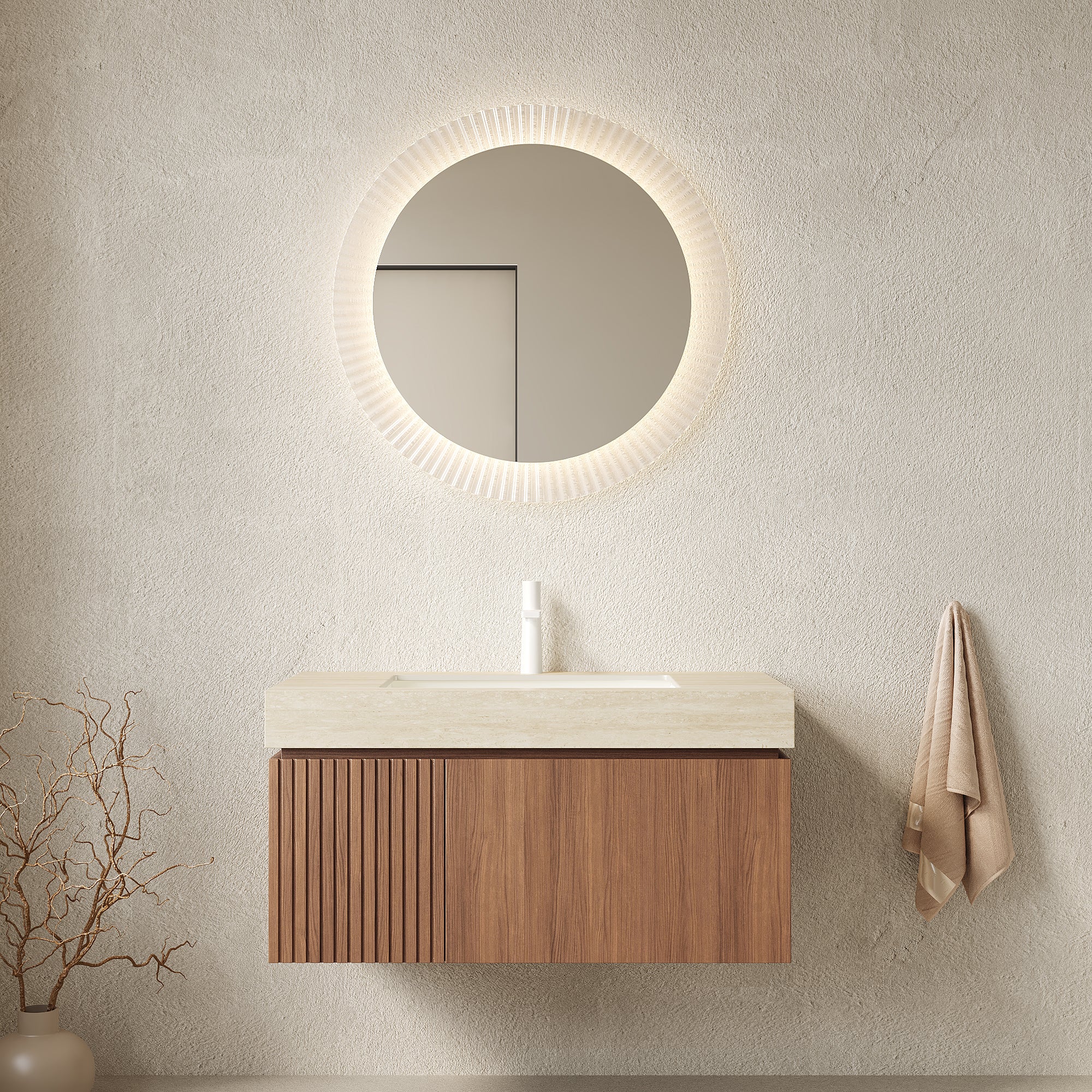 MURI 36" Wall-Mounted Bathroom Vanity with Travertine-Pattern Sintered Stone Top & Ceramic Sink, Floating Cabinet with Drawer and Door, Brown Oak Woodgrain, Pre-Assembled