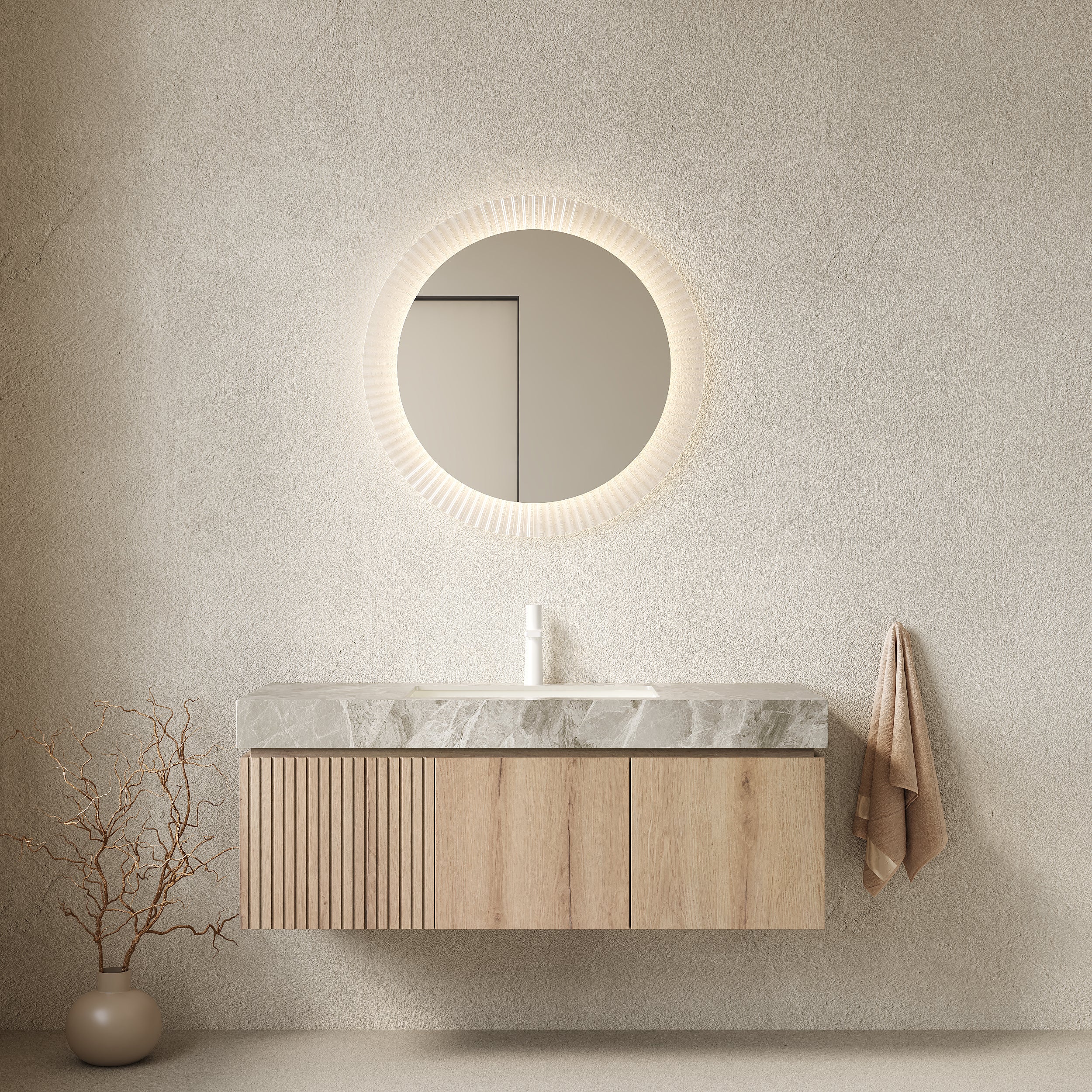 MURI 48" Wall-Mounted Bathroom Vanity with Light Gray Sintered Stone Top & Ceramic Sink, Floating Cabinet with Drawer and Door, Natural Oak Woodgrain, Pre-Assembled