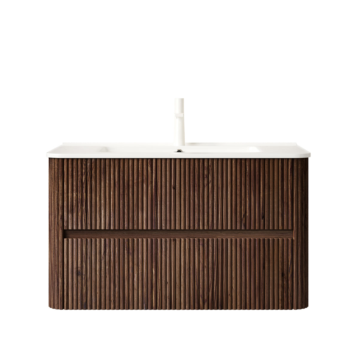 NOOR 36" Bathroom Vanity with Sink, Wall-Mounted Floating Plywood Bathroom Storage Cabinet with 2 Drawers, White Ceramic Basin, NO Faucet, Pre-assembled, Retro Walnut Woodgrain Color
