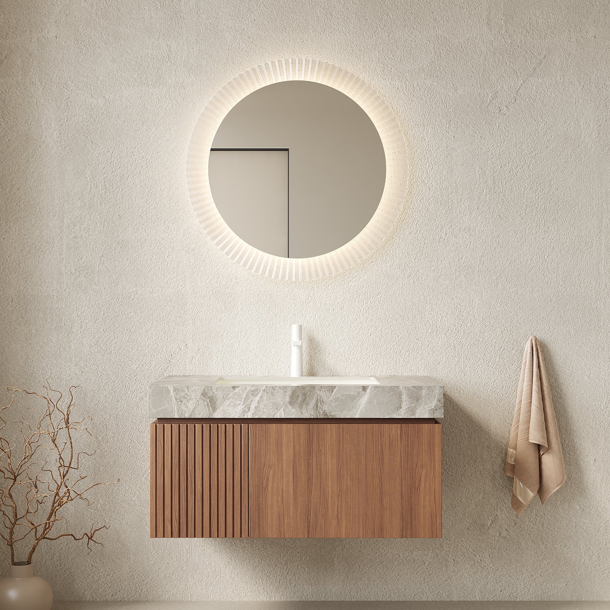 MURI 36" Wall-Mounted Bathroom Vanity with Light Gray Sintered Stone Top & Ceramic Sink, Floating Cabinet with Drawer and Door, Brown Oak Woodgrain, Pre-Assembled