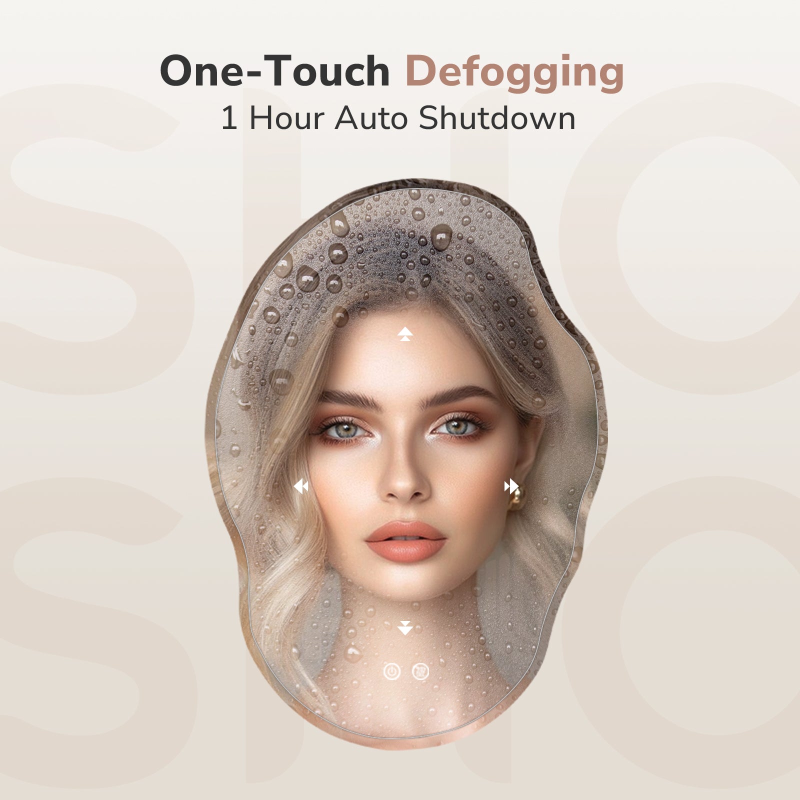 One-touch anti-fog irregular oval LED bathroom mirror with 1 hour auto shutoff for clear reflection