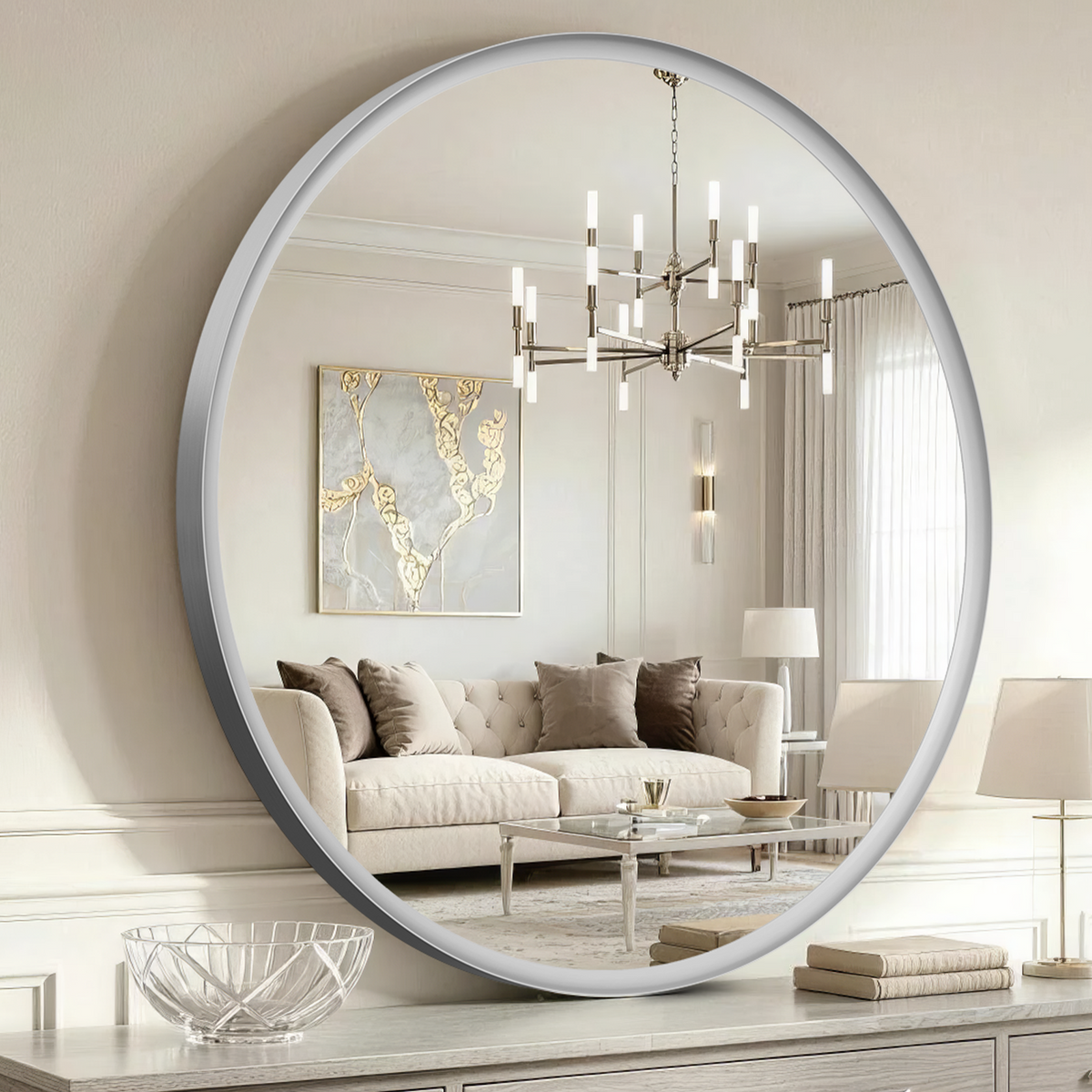 USHOWER Curva Round Bathroom Mirror 36 Inch, Brushed Nickel Circle Mirror Over Sink Vanity