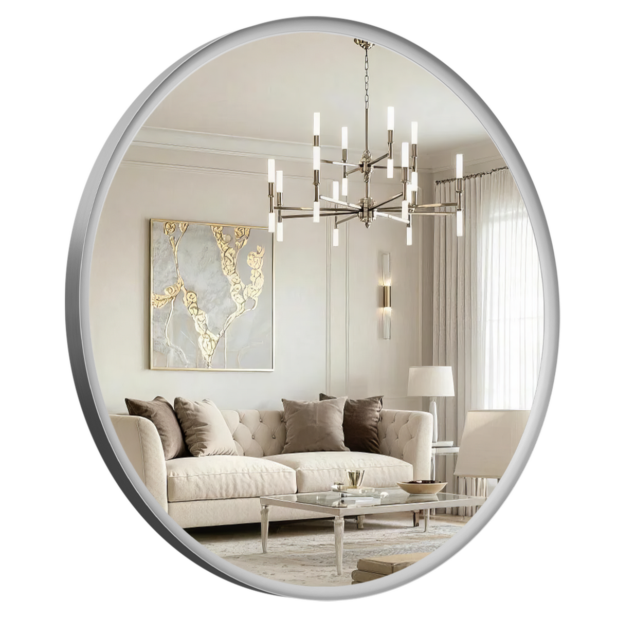 USHOWER Curva Round Bathroom Mirror 36 Inch, Brushed Nickel Circle Mirror Over Sink Vanity