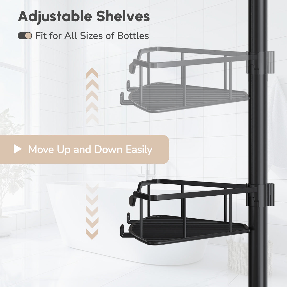 Adjustable Shelf Heights on USHOWER Stokado Corner Shower Caddy Tension Pole Fit Bottles of All Sizes
