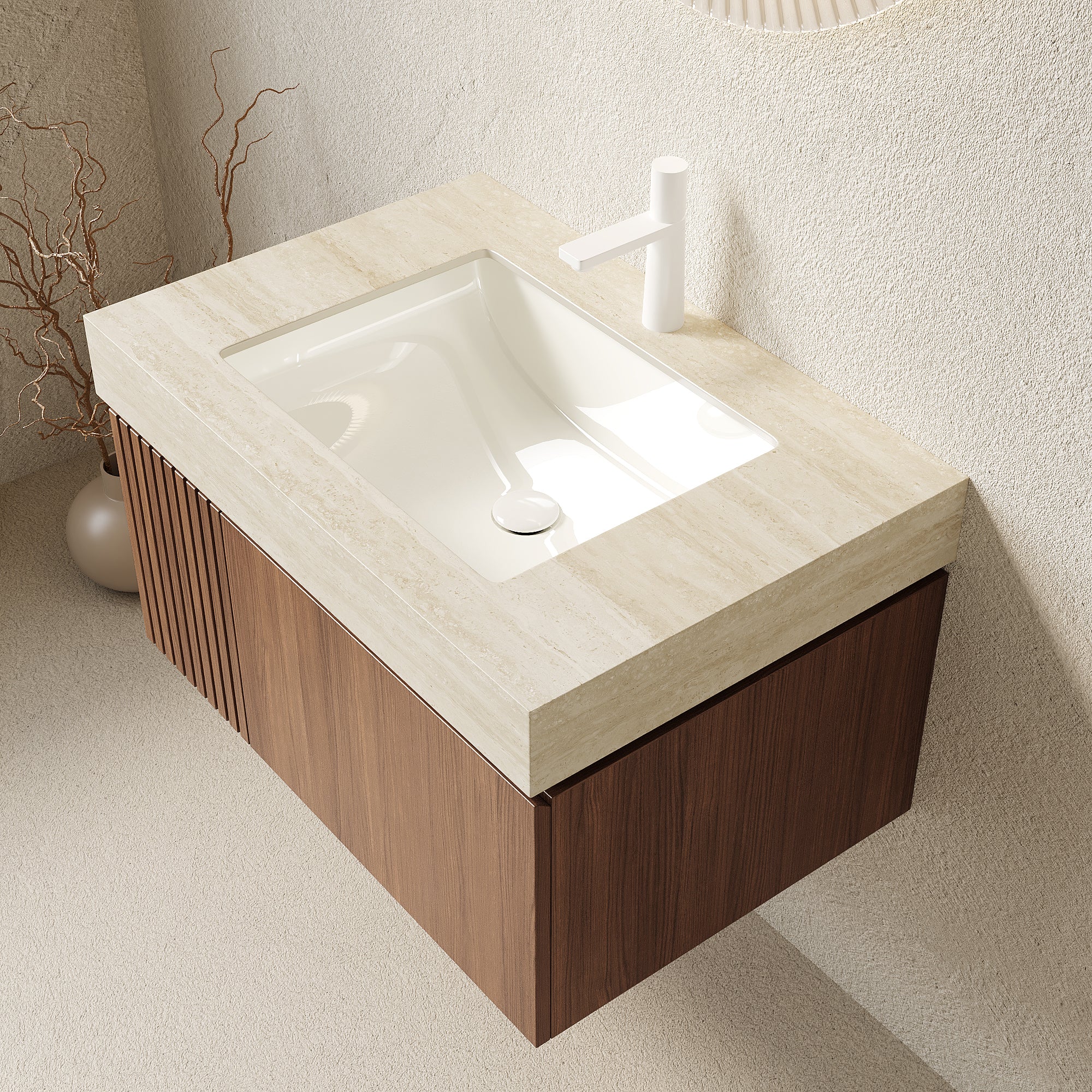 MURI 30" Wall-Mounted Bathroom Vanity with Travertine-Pattern Sintered Stone Top & Ceramic Sink, Floating Cabinet with Drawer and Door, Brown Oak Woodgrain, Pre-Assembled