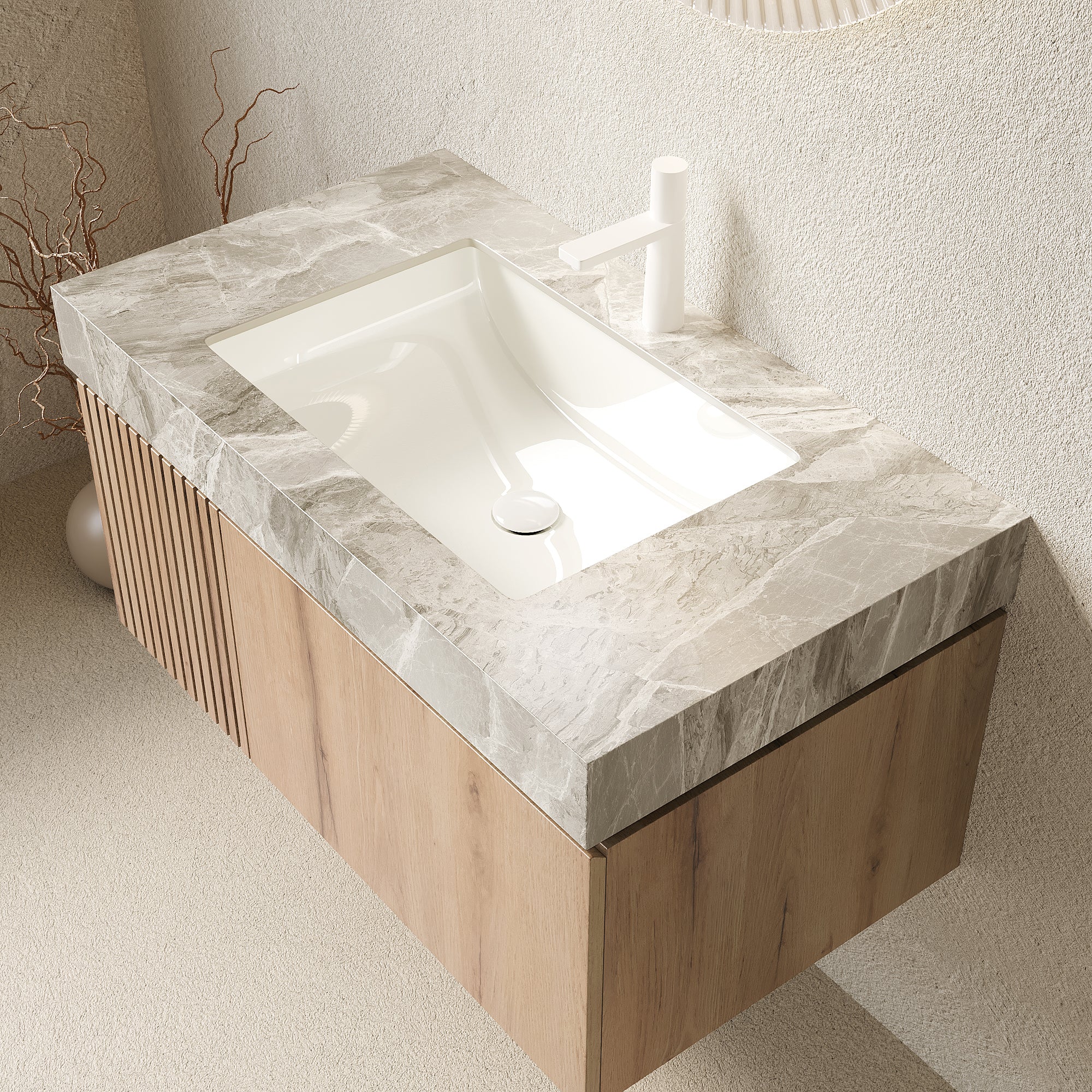 MURI 36" Wall-Mounted Bathroom Vanity with Light Gray Sintered Stone Top & Ceramic Sink, Floating Cabinet with Drawer and Door, Natural Oak Woodgrain, Pre-Assembled