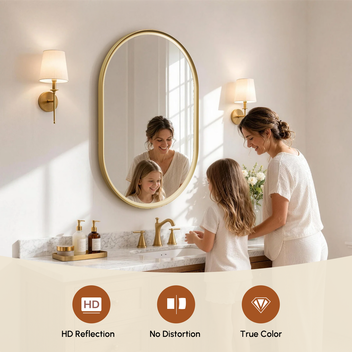 USHOWER Curva Brushed Gold Oval Mirror 24x36 Inch, Oval Bathroom Mirror