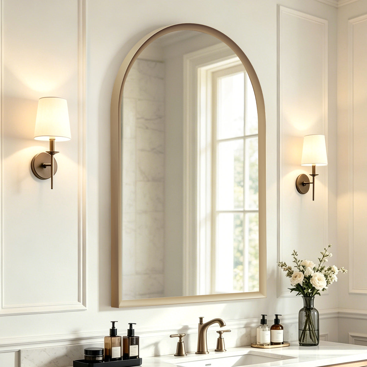 USHOWER Curva Brushed Gold Arched Mirror 24x36 Inch, Arched Bathroom Mirror