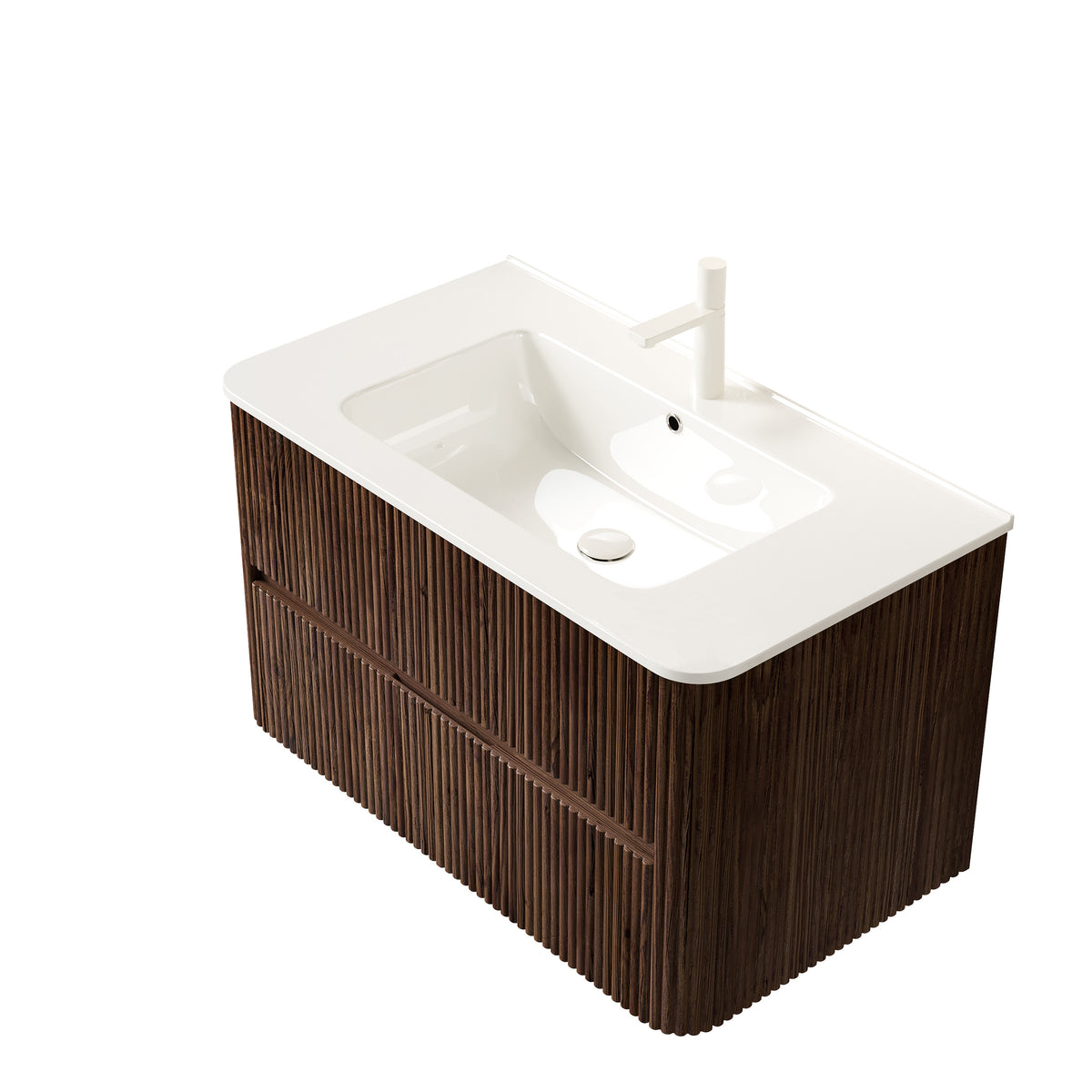 NOOR 36" Bathroom Vanity with Sink, Wall-Mounted Floating Plywood Bathroom Storage Cabinet with 2 Drawers, White Ceramic Basin, NO Faucet, Pre-assembled, Retro Walnut Woodgrain Color