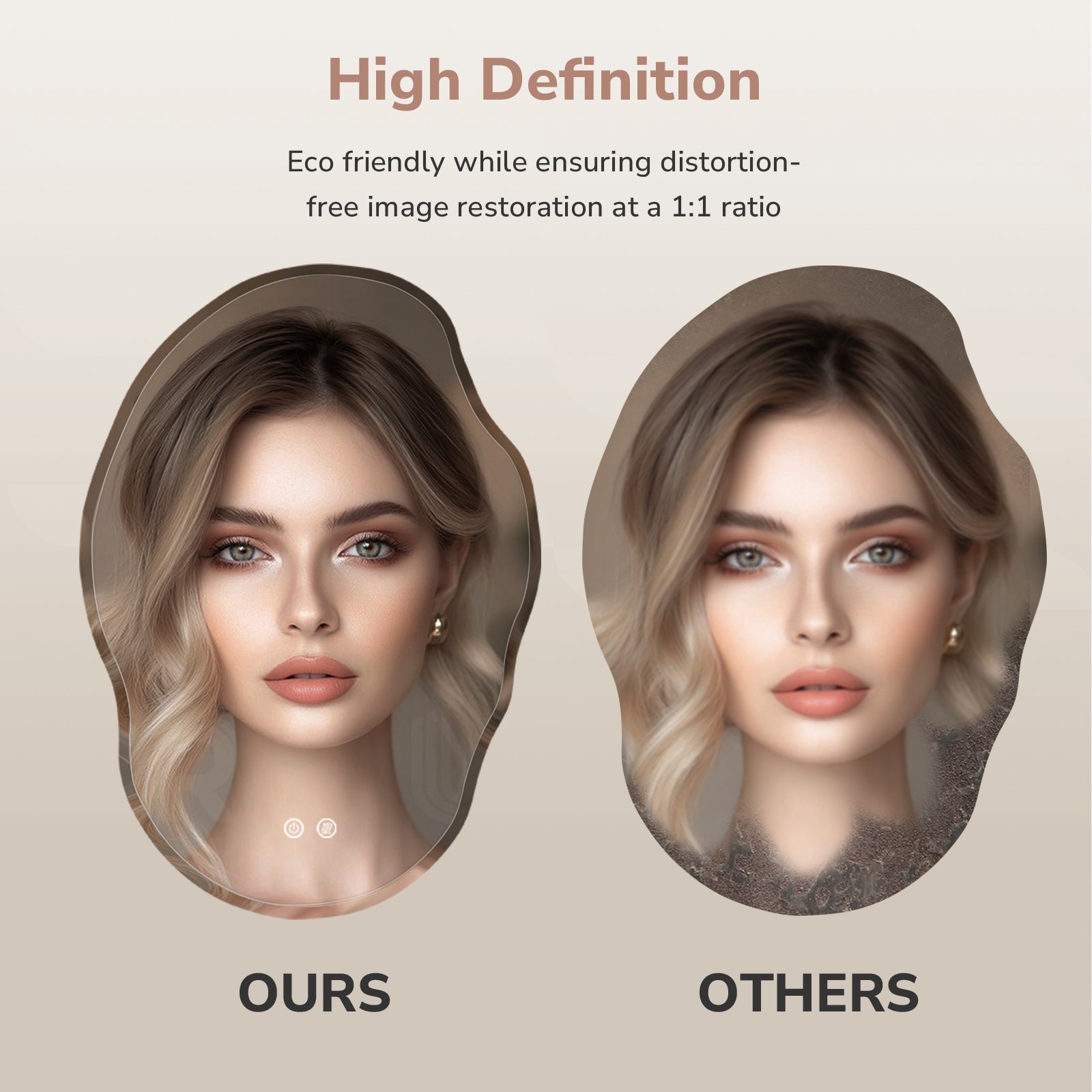 High definition irregular oval vanity mirror providing distortion-free, true-to-life reflection