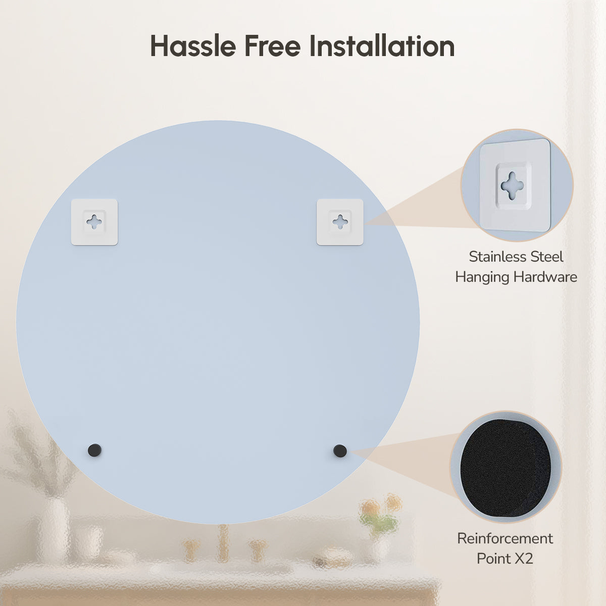 USHOWER Kadra Series 30 Frameless Round Bathroom Mirror with Cross-Slot Hanging Hardware and Back Reinforcements