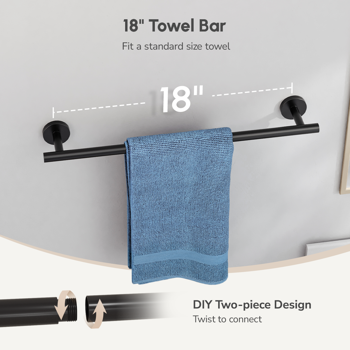USHOWER 18'' Towel Bar Matuko Series – Sleek and Two-Piece DIY Design, Holds One Standard Towel Easily