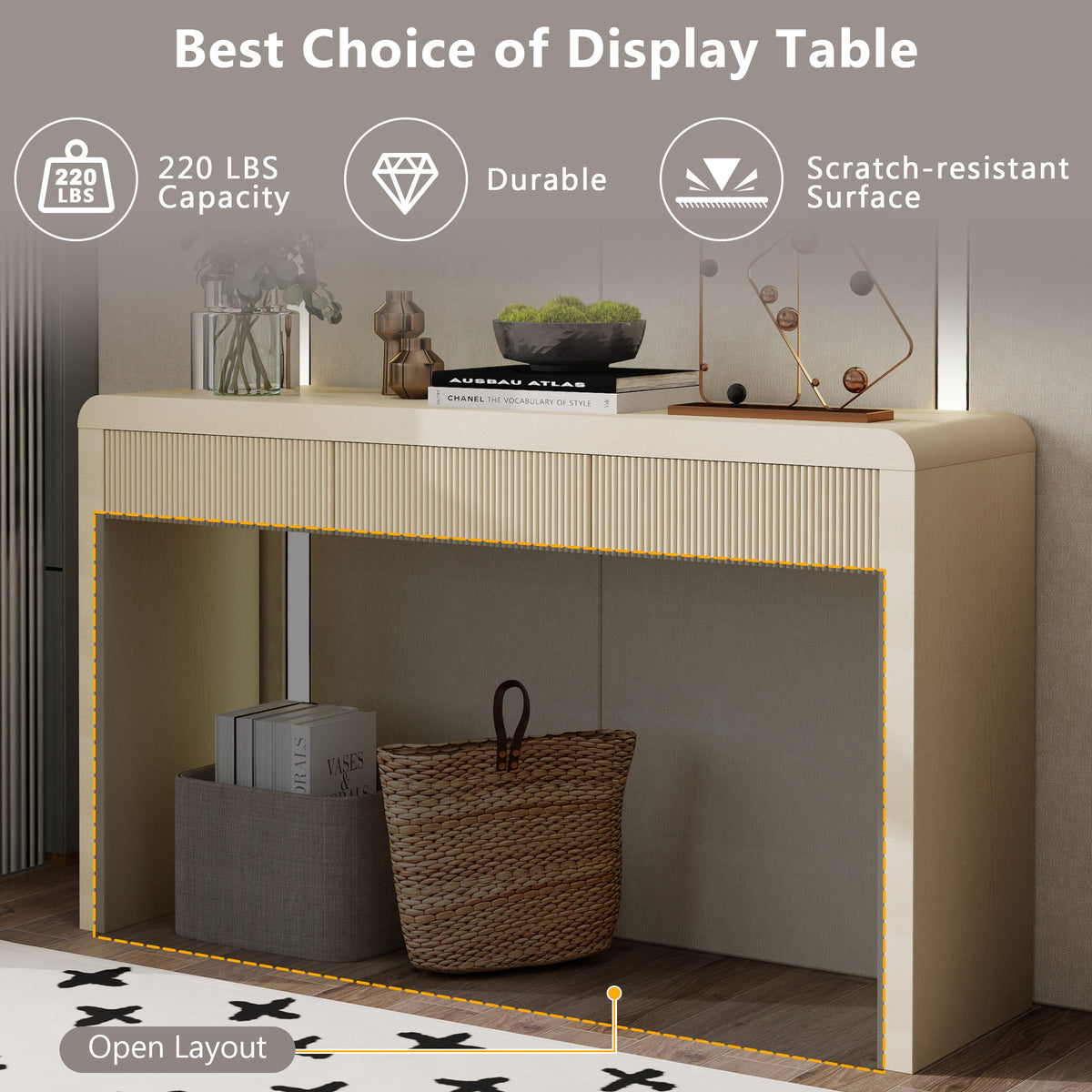 TREXM Rustic Fluted Console Table with 3 Drawers, Solid Wood Veneer Entryway Sofa Table with Natural Wood Grain, Apricot