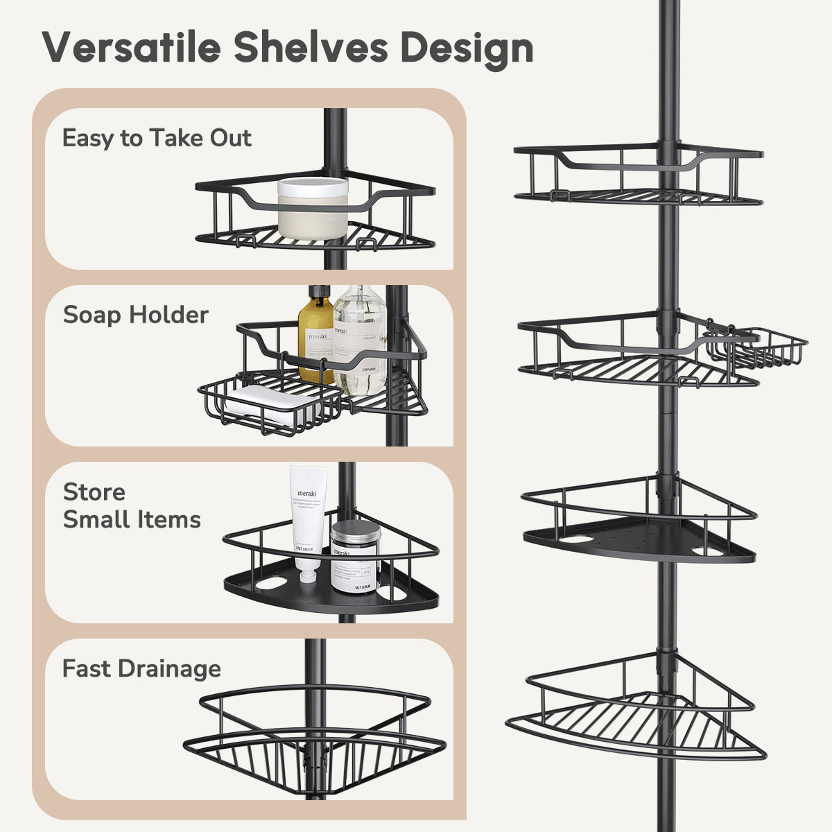 USHOWER Stokado Matte Black Tension Pole Caddy Shelves Include Soap Dish, Solid Base Shelf, and Drainage-Friendly Grates