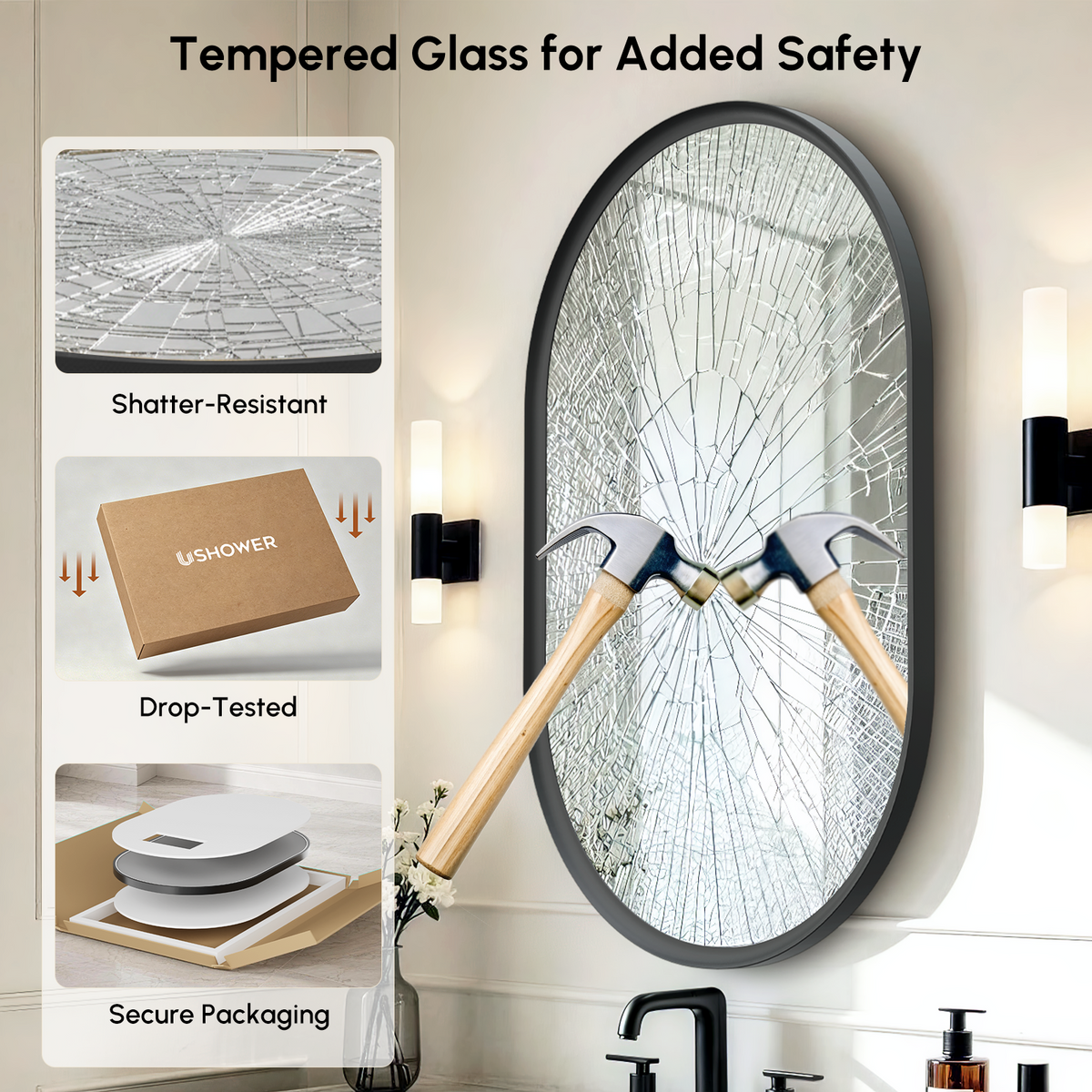 USHOWER Curva Black Oval Mirror 24x36 Inch, Oval Bathroom Mirror