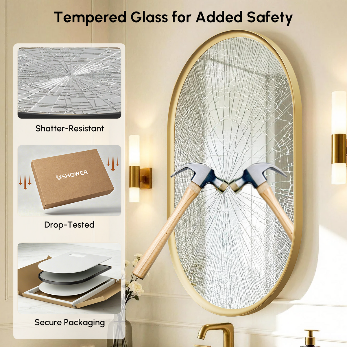 USHOWER Curva Brushed Gold Oval Mirror 24x36 Inch, Oval Bathroom Mirror
