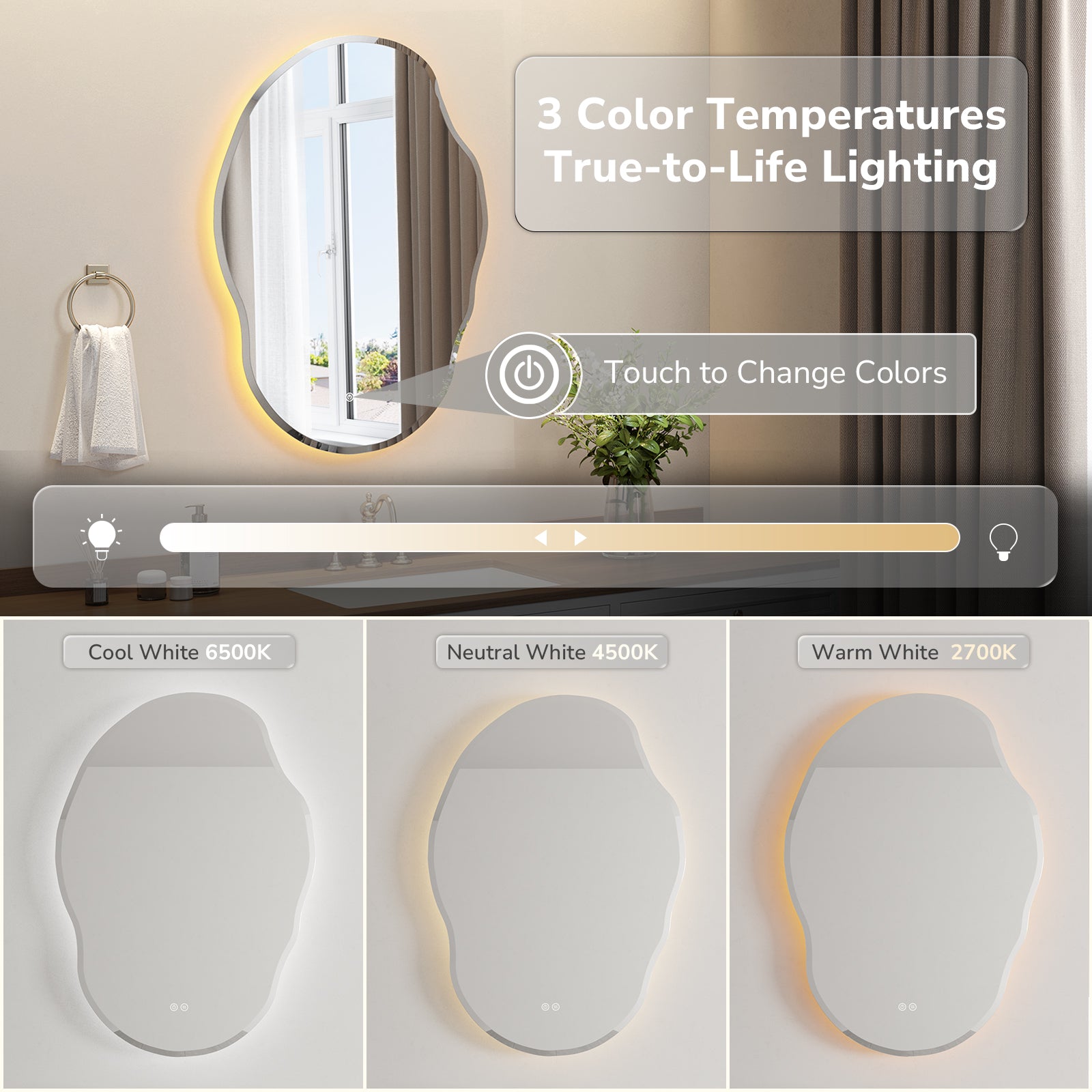 Irregular oval bathroom LED mirror with 3 color temperatures—cool white, neutral white and warm white
