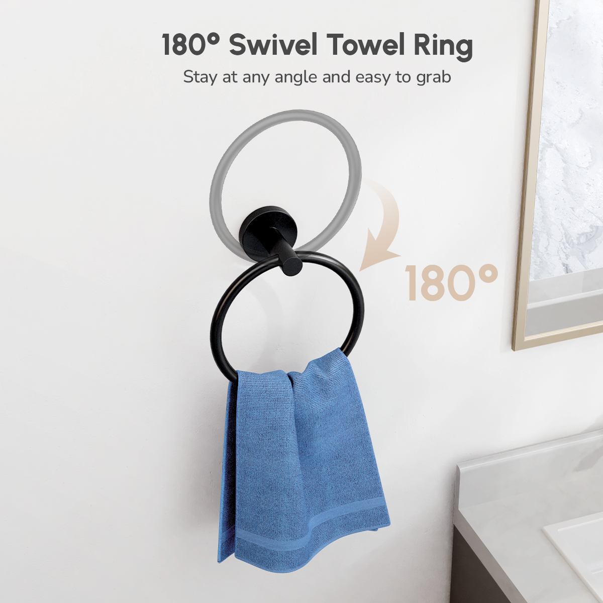 Rotatable 180° Towel Ring in USHOWER Matuko Matte Black Set – Easy to Grab and Use by Sink Area
