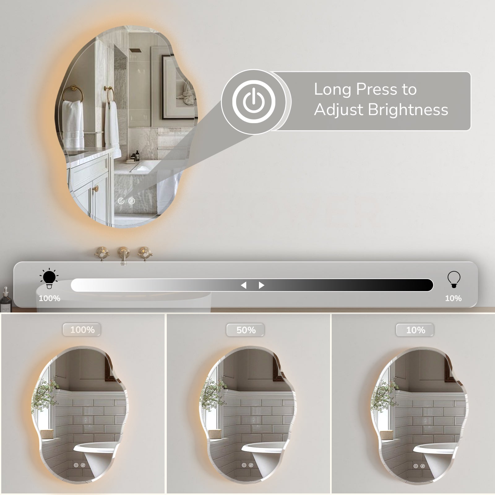 Dimmable irregular oval LED bathroom mirror with touch control and long press brightness adjustment for makeup and grooming
