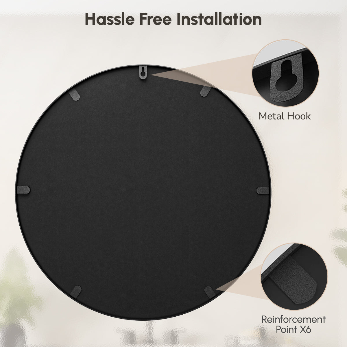USHOWER Nwar Series 30 Black Frame Round Bathroom Mirror Back View with Hooks and 6 Reinforcement Points for Hanging