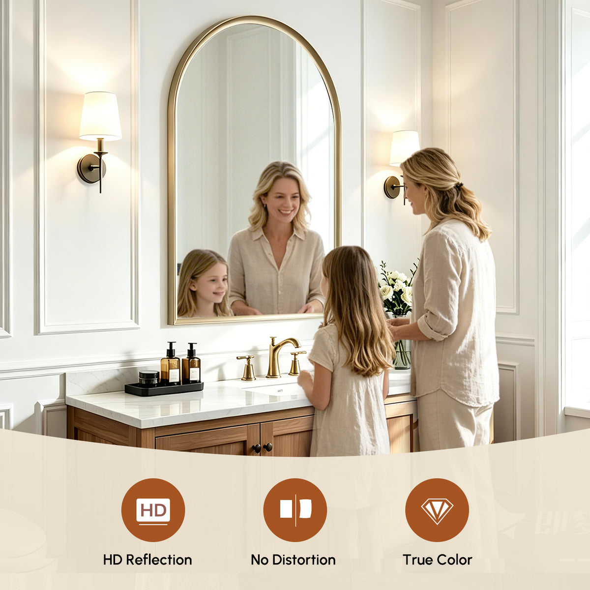USHOWER Curva Brushed Gold Arched Mirror 24x36 Inch, Arched Bathroom Mirror