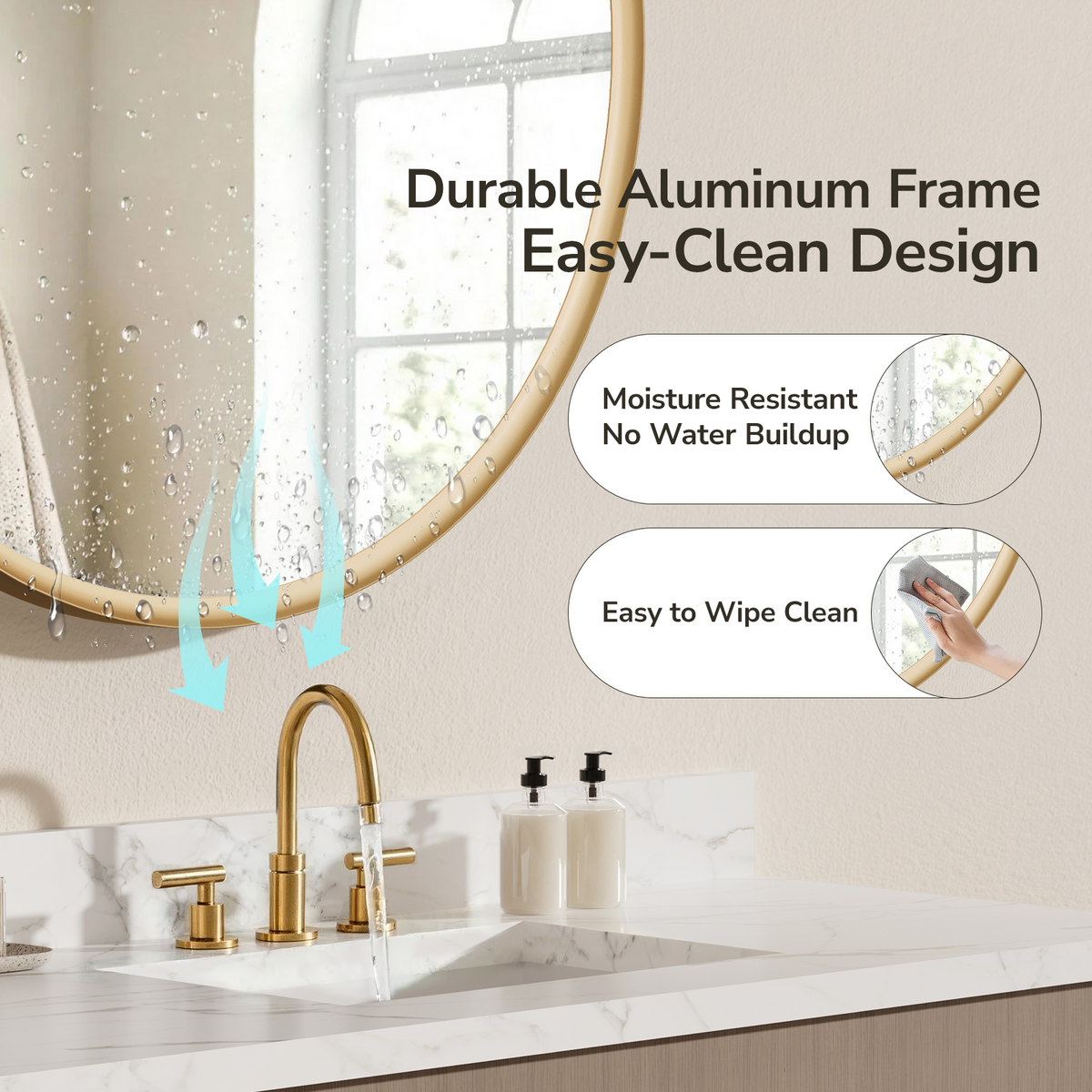 USHOWER Curva Round Bathroom Mirror 36 Inch, Brushed Gold Circle Mirror Over Sink Vanity