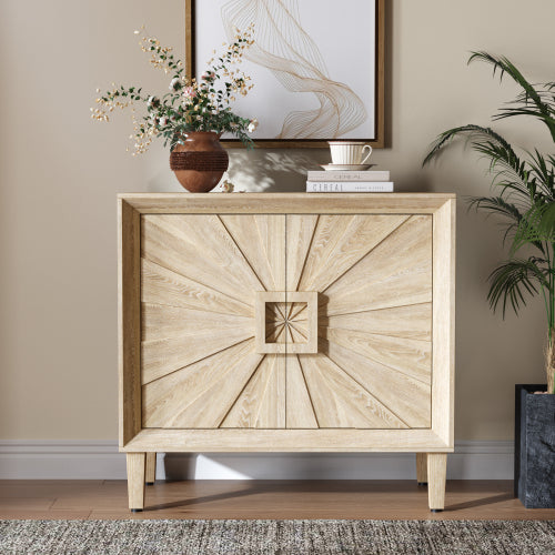 31.5" Mid-Century Credenza Sideboard Buffet Cabinet with Symmetrical Sunburst Doors, Adjustable Shelves for Dining Room, Entryway & Hallway, Natural