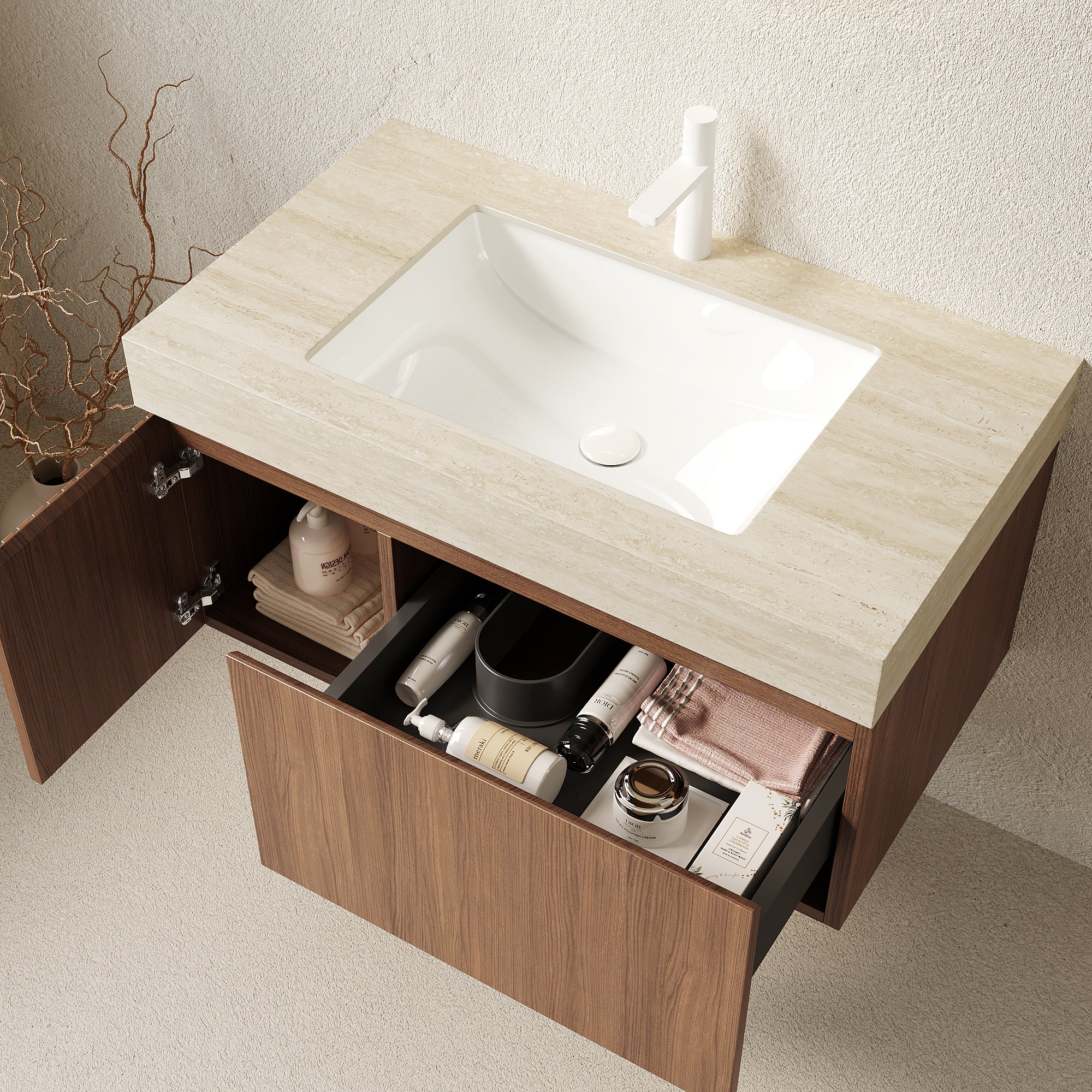 MURI 36" Wall-Mounted Bathroom Vanity with Travertine-Pattern Sintered Stone Top & Ceramic Sink, Floating Cabinet with Drawer and Door, Brown Oak Woodgrain, Pre-Assembled